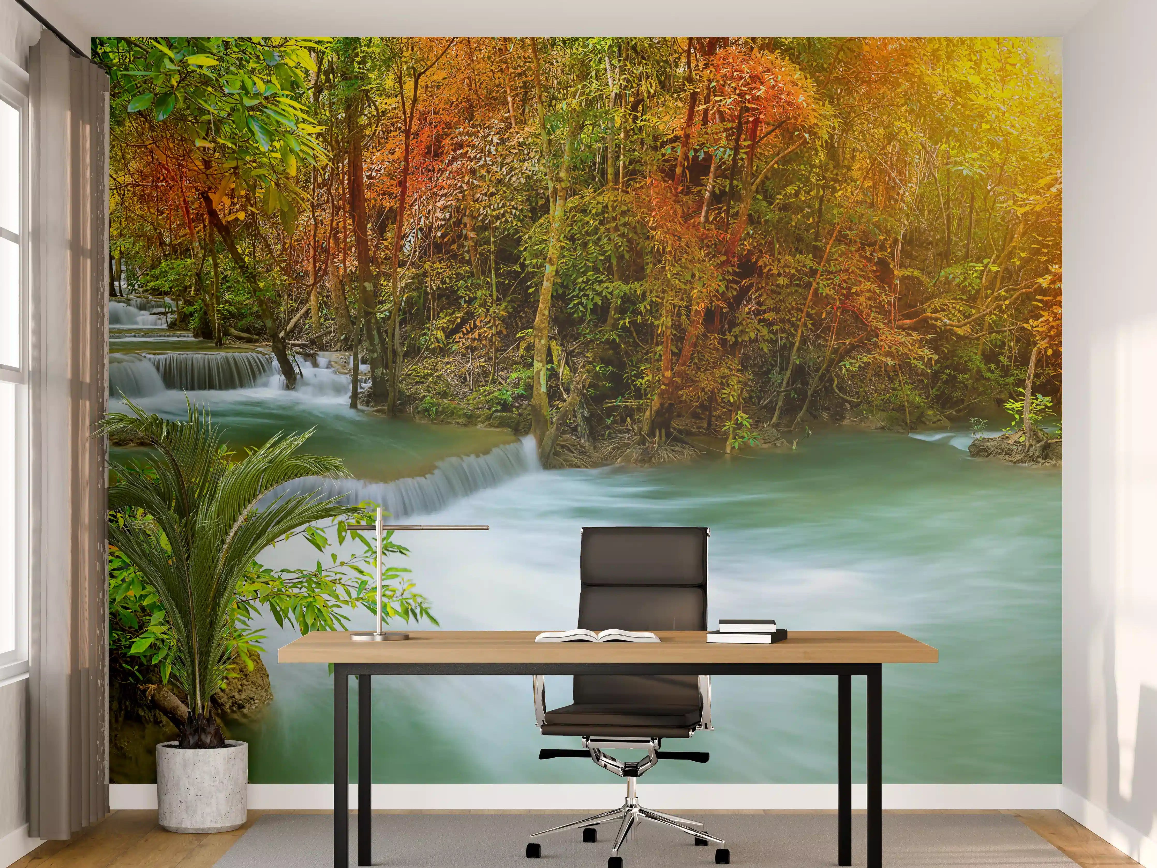 Büro Wandgestaltung - Herbstlicher Türkis-Wasserfall
