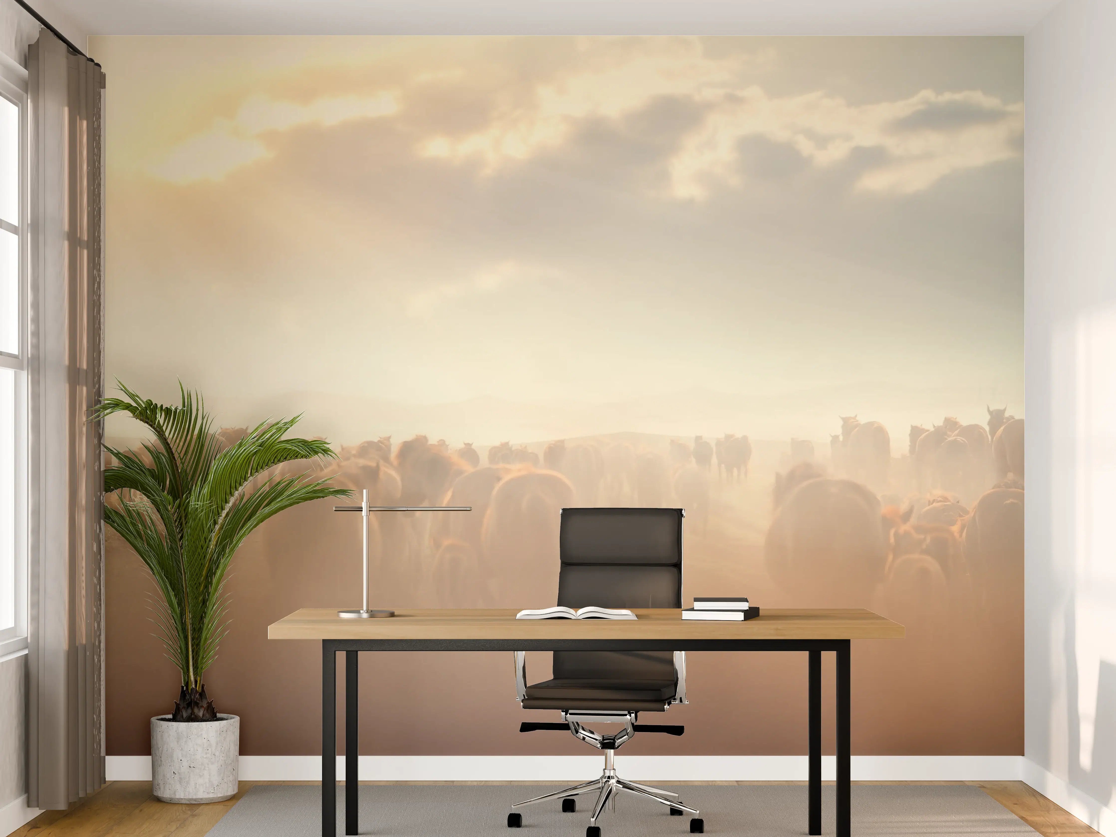 Büro Wandgestaltung - Herde Wildpferde im Sonnenuntergang
