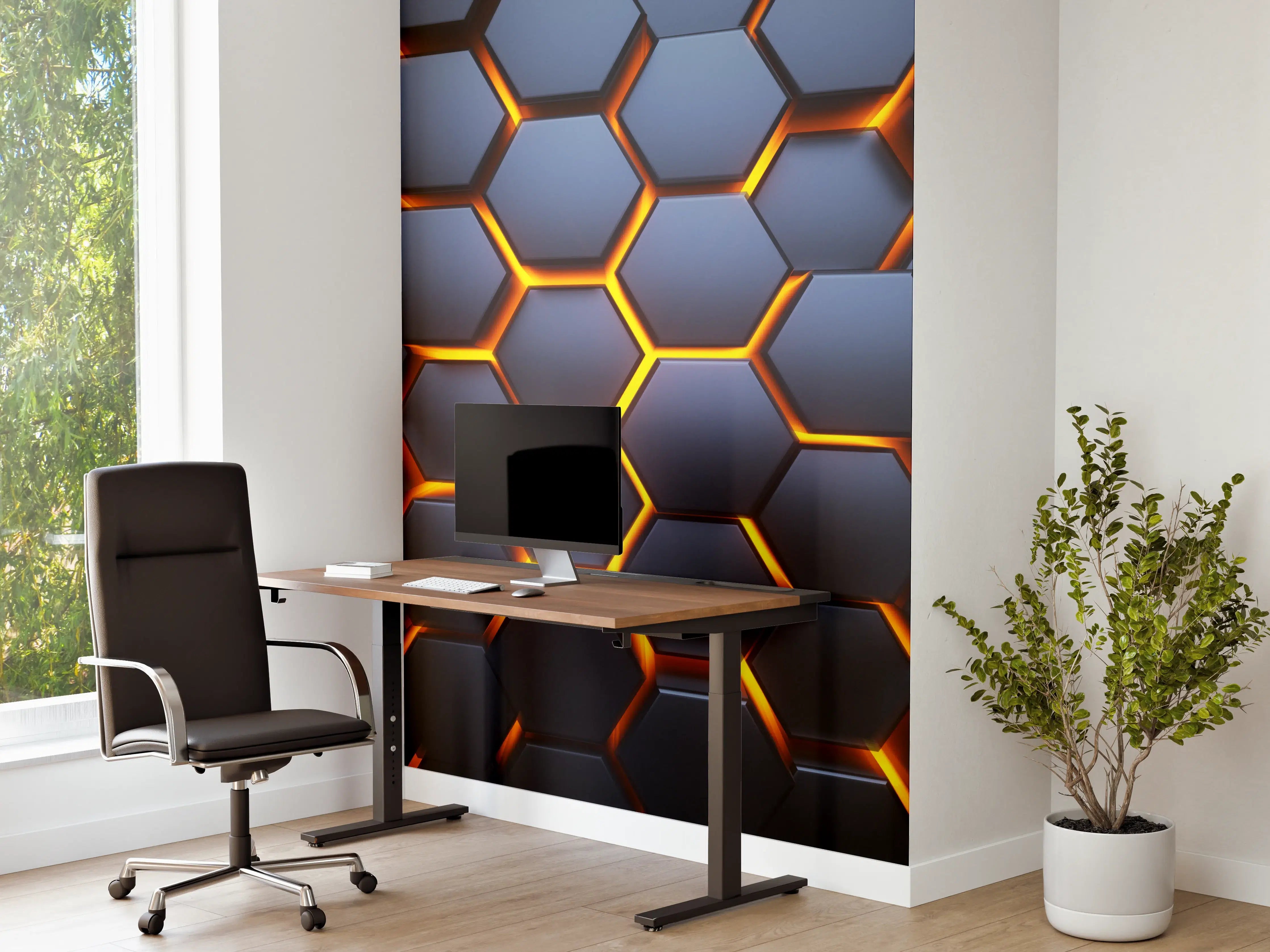 Büro Wandgestaltung - Hexagon-Muster in Blau-Orange