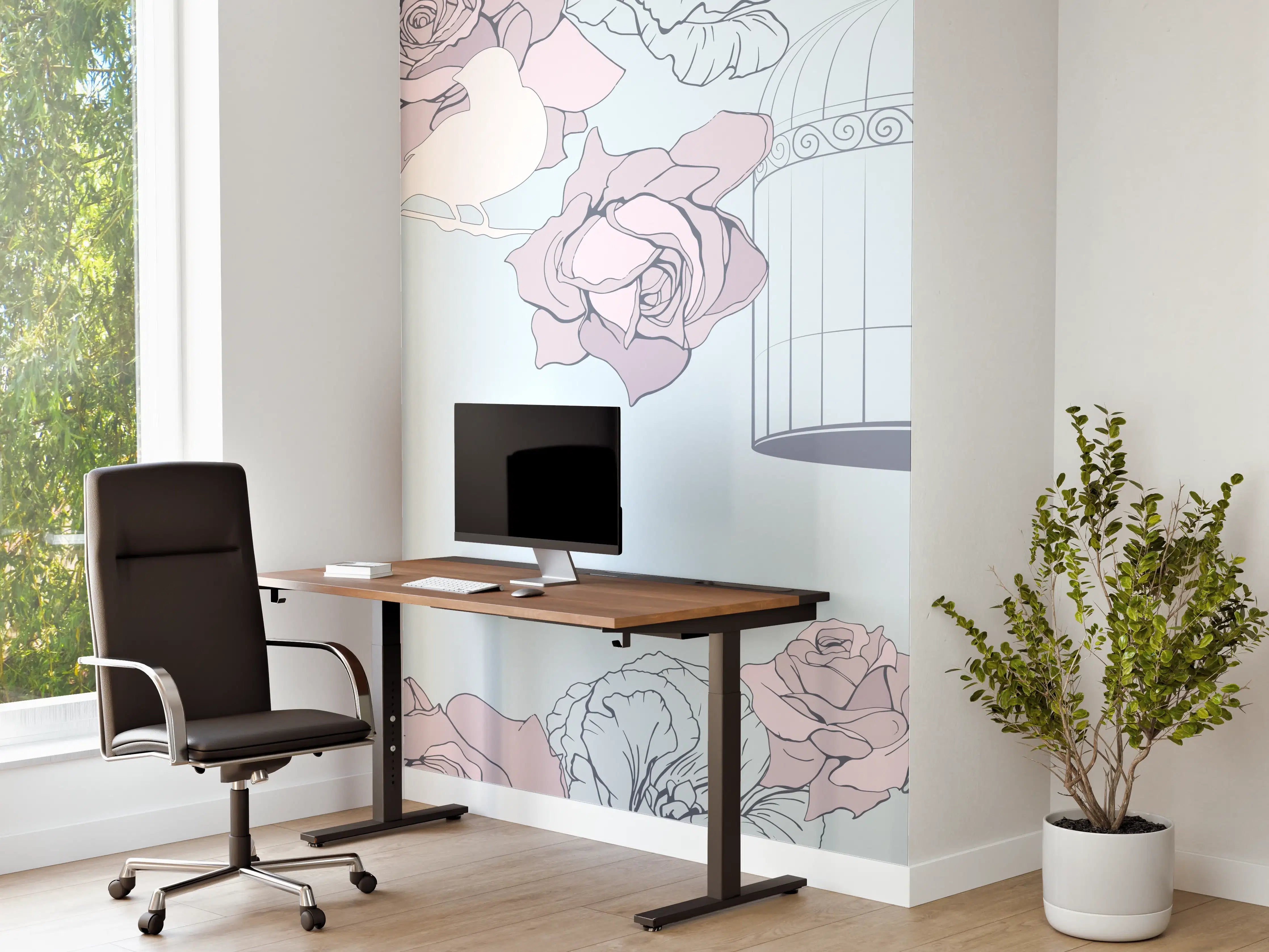 Büro Wandgestaltung - Himmlische Rosen und Vögel in Pastell