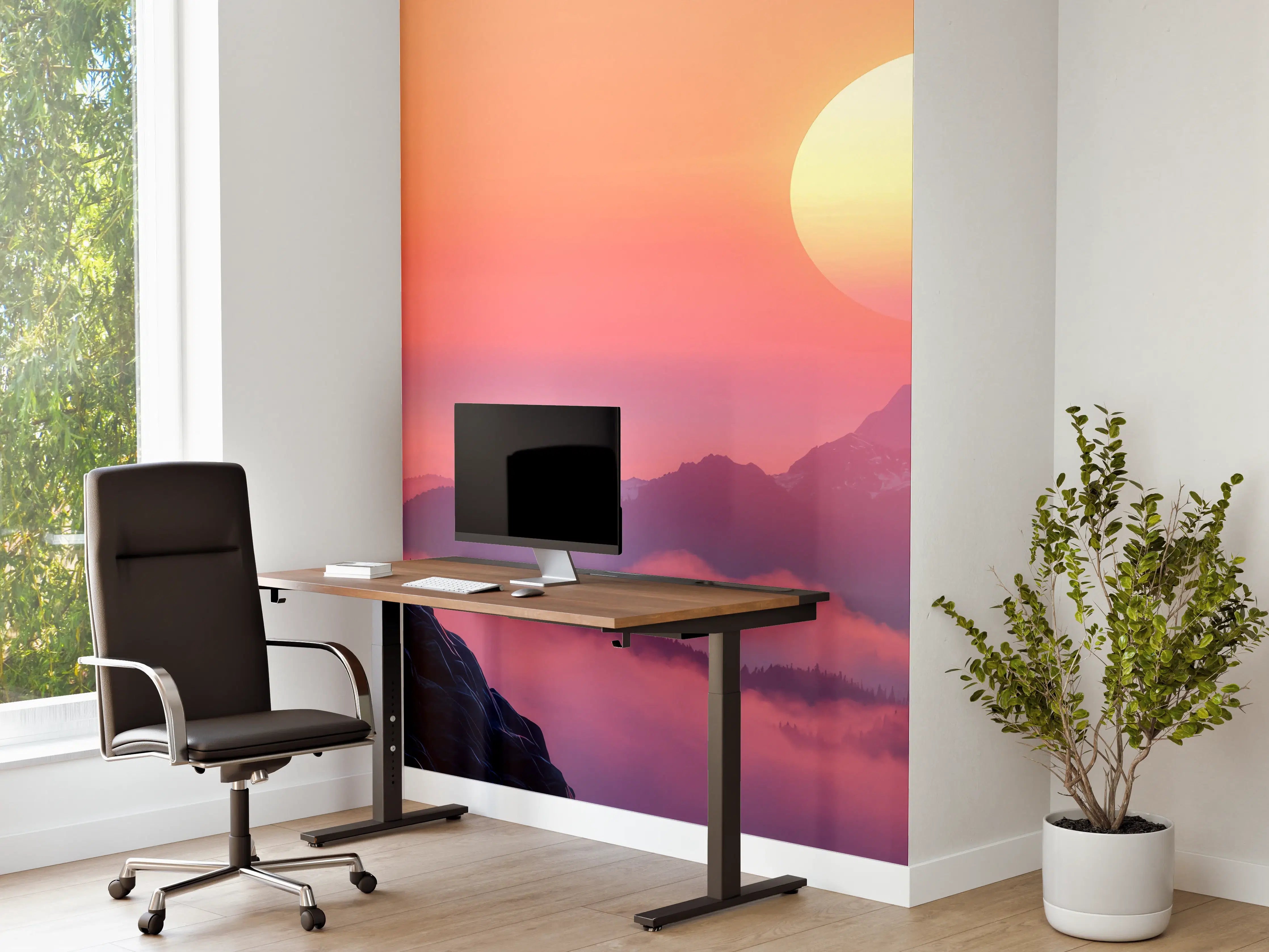 Büro Wandgestaltung - Hirsch-Silhouette Sonnenaufgang Orange-Pink