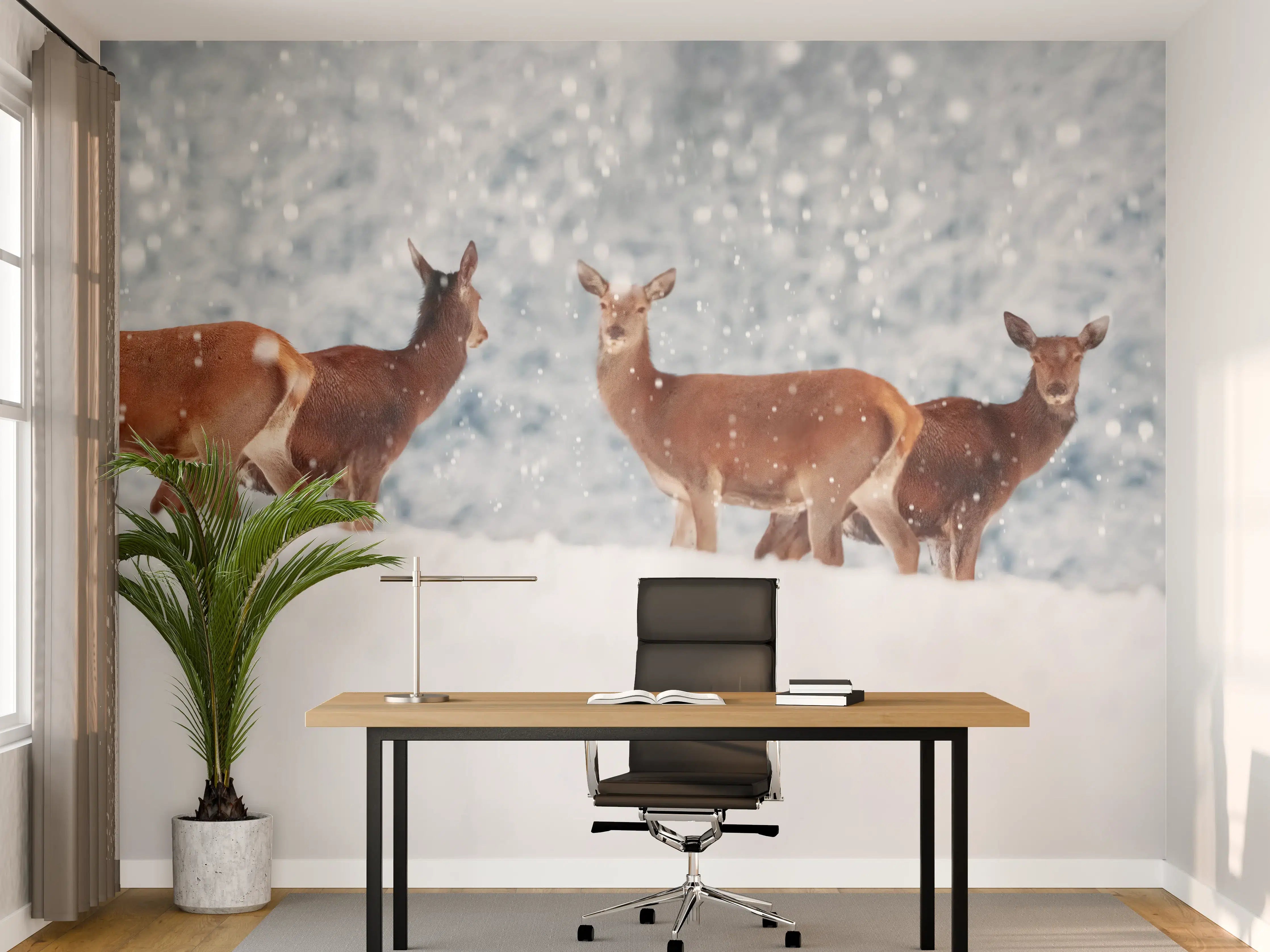 Büro Wandgestaltung - Hirsche im weißen Winterpanorama