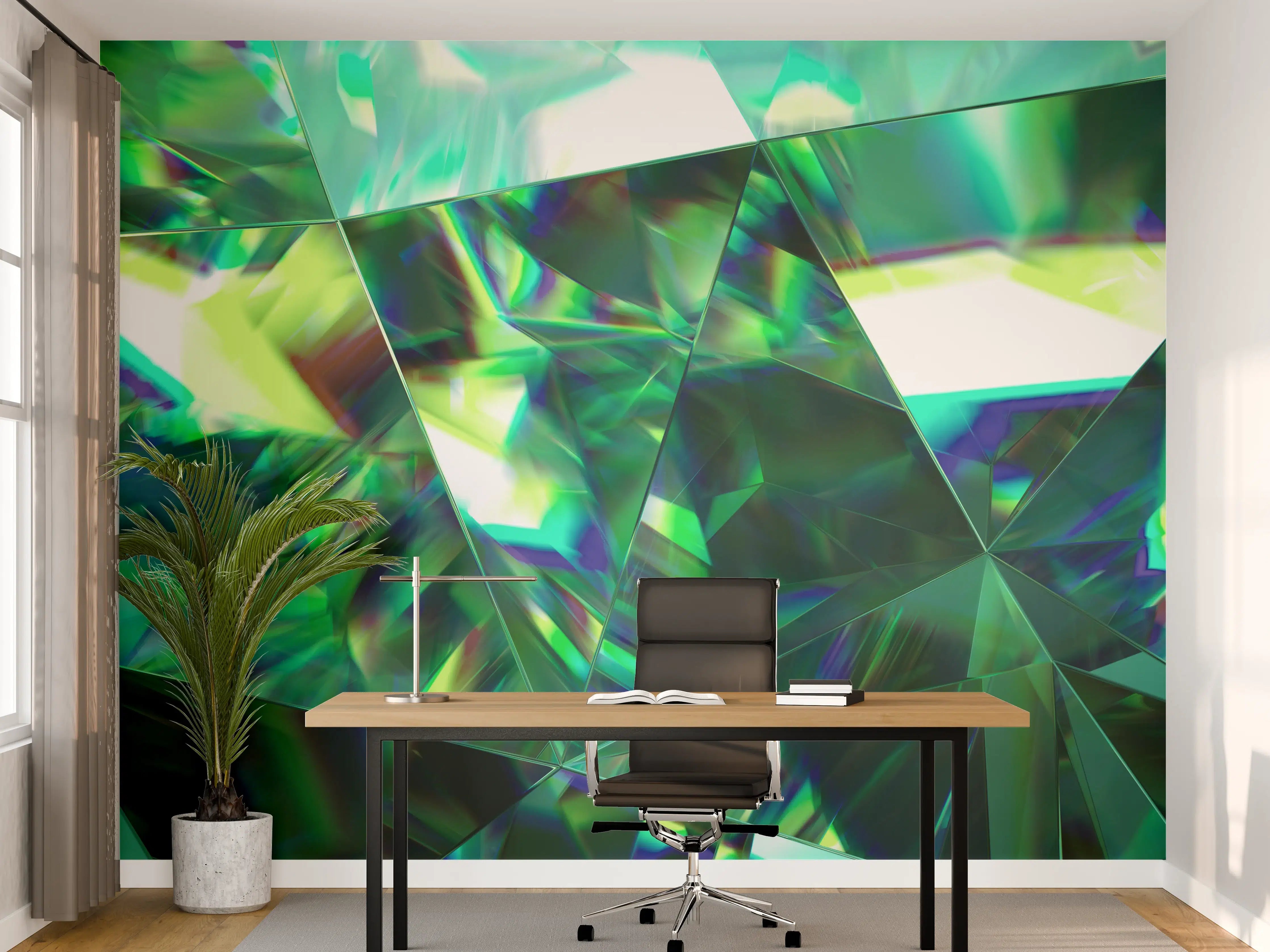 Büro Wandgestaltung - Holografische Kristallstrukturen in Grünblau