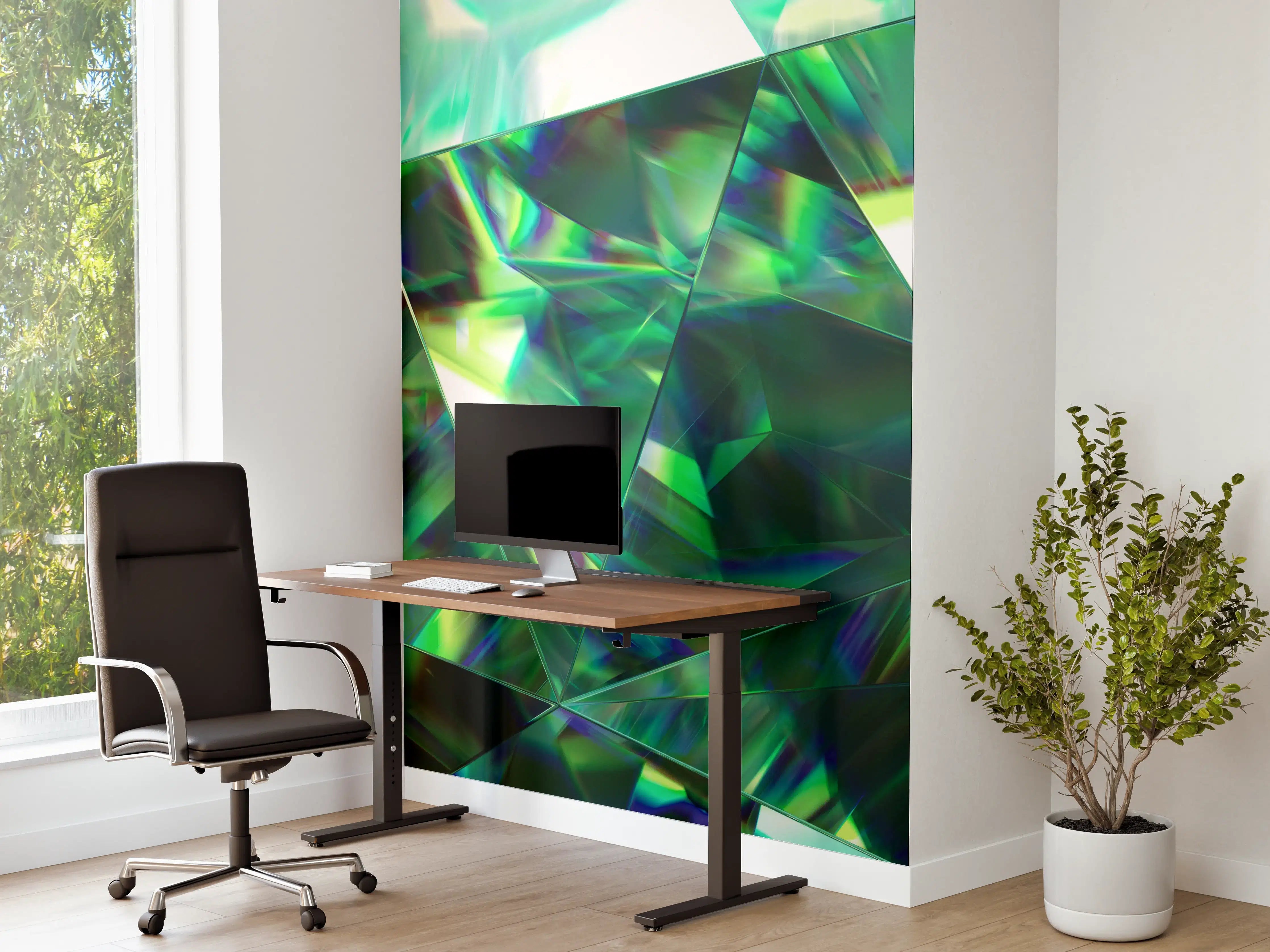 Büro Wandgestaltung - Holografische Kristallstrukturen in Grünblau