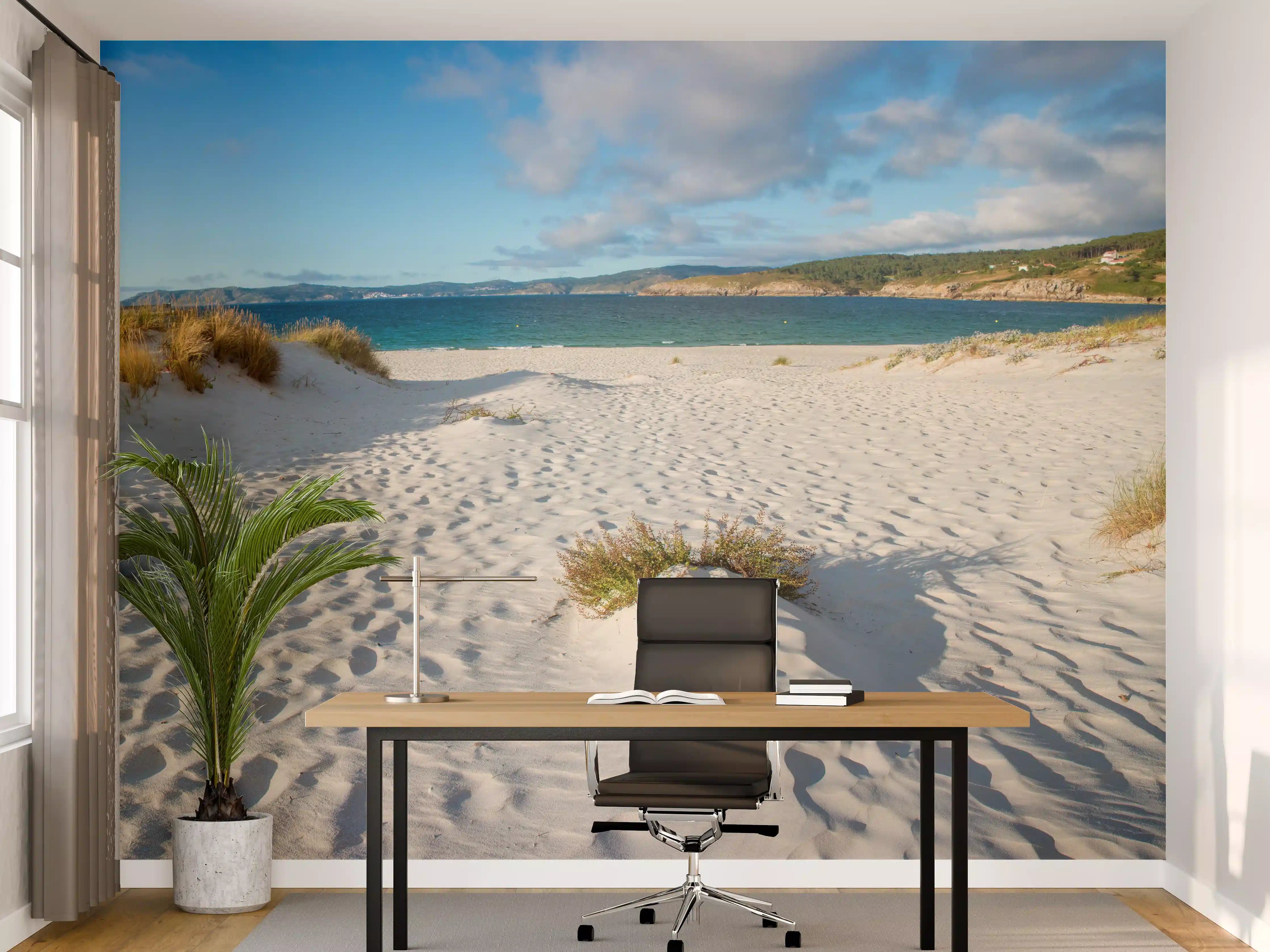 Büro Wandgestaltung - Idyllische Strandlandschaft im sanften Weiß-Blau