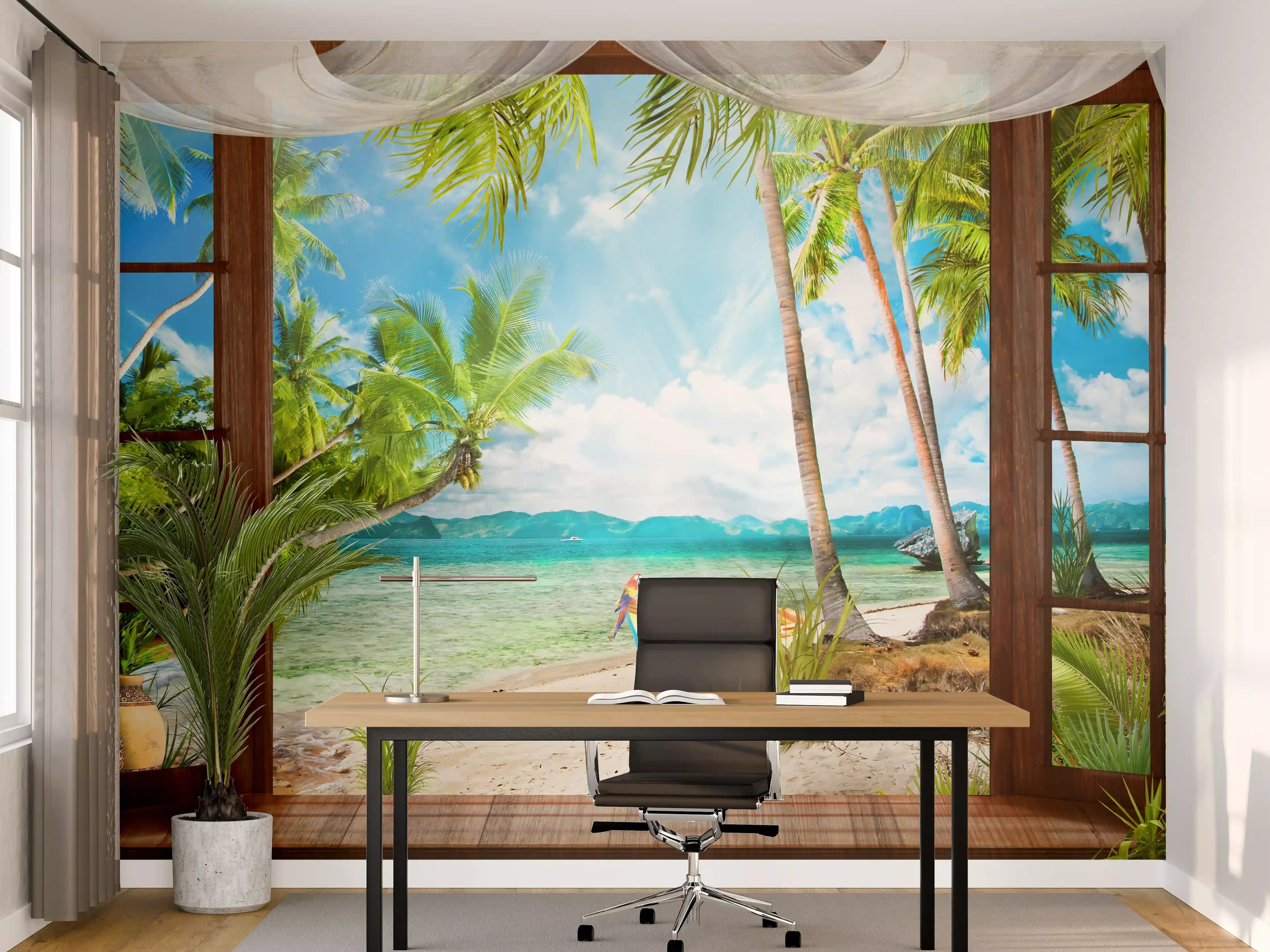 Büro Wandgestaltung - Idyllischer Strand mit Palmen und Boot