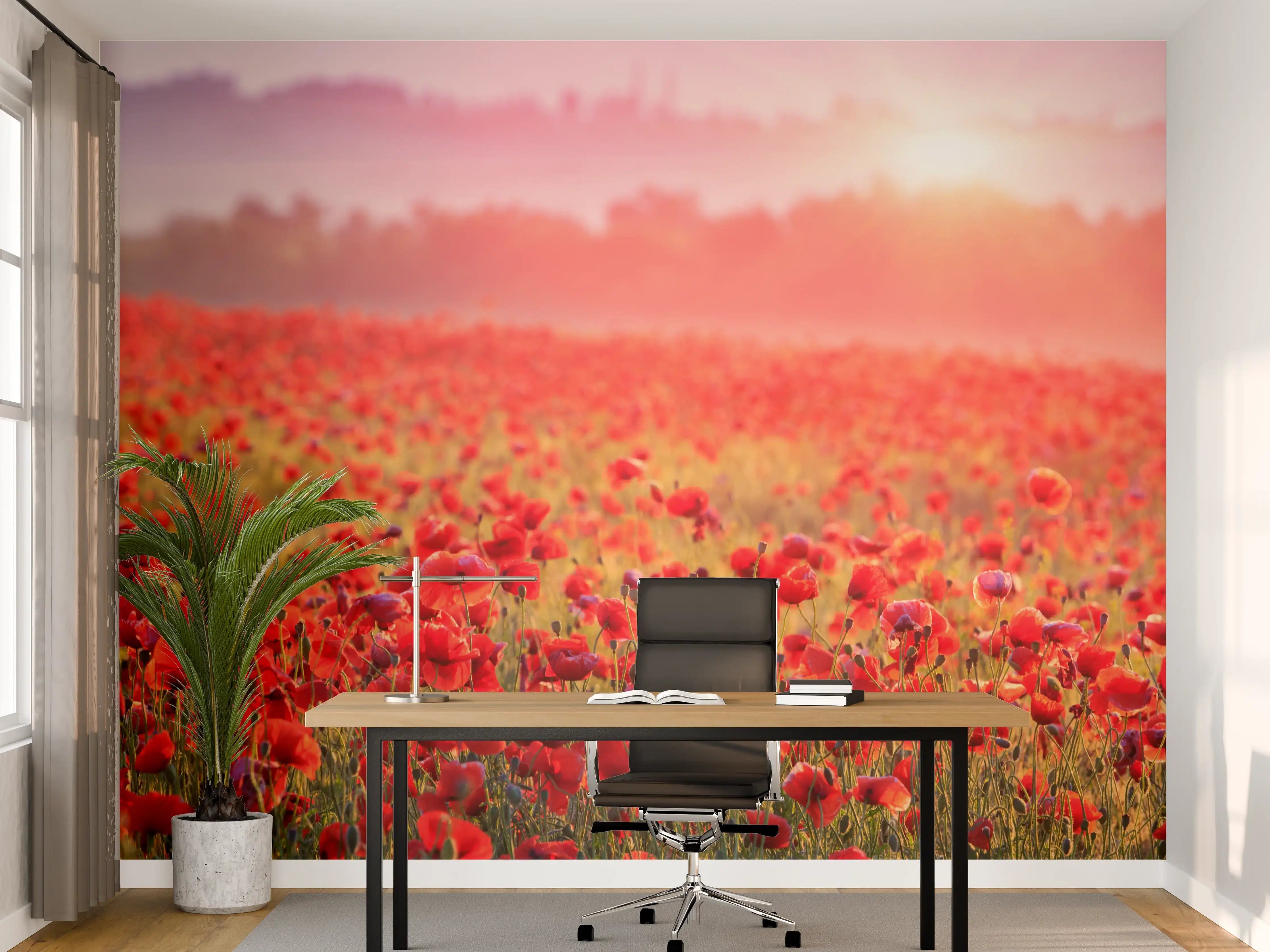 Büro Wandgestaltung - Idyllisches Mohnfeld bei Sonnenuntergang