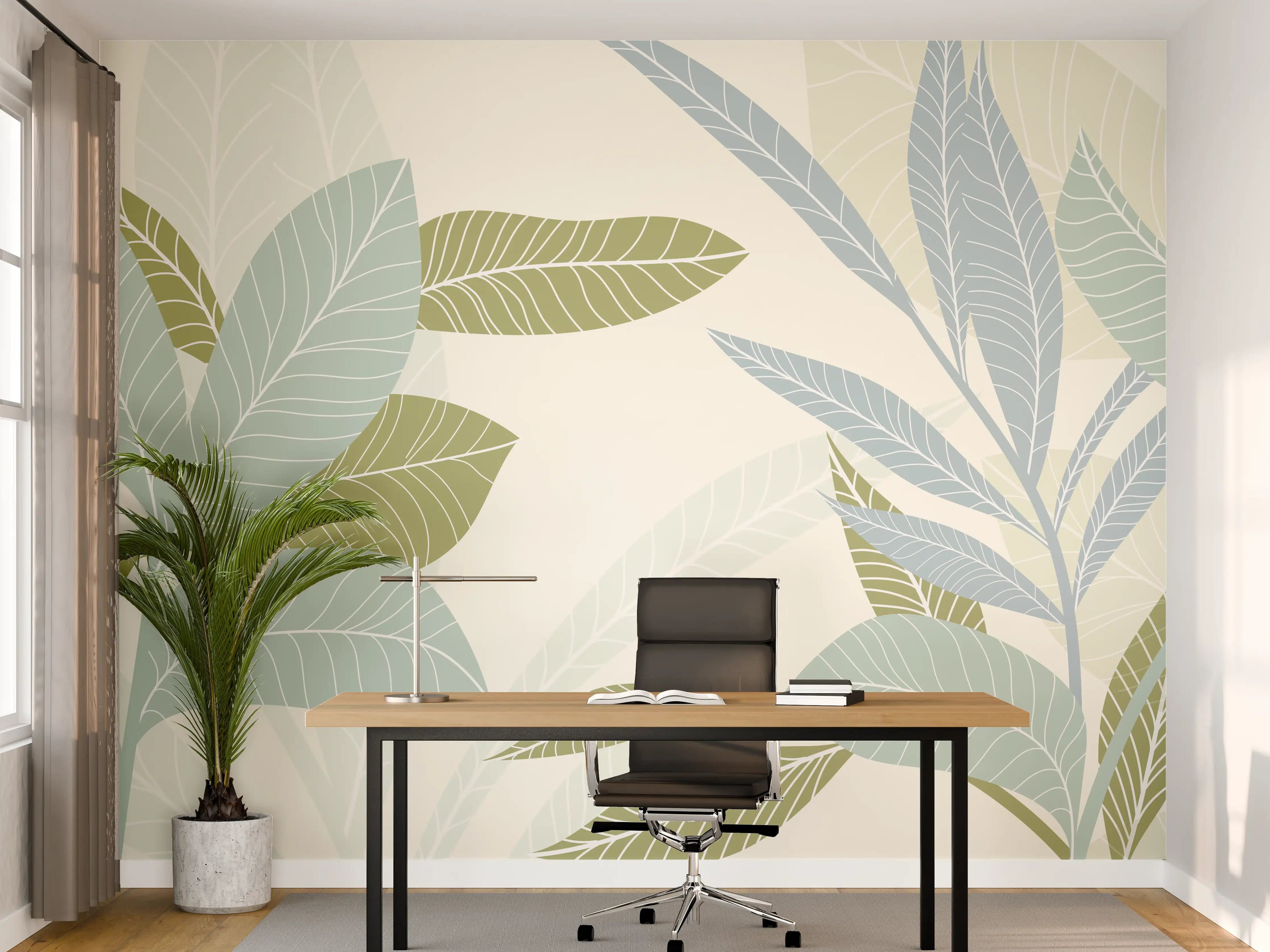 Büro Wandgestaltung - Illustrierte Blättermotiv Tapete