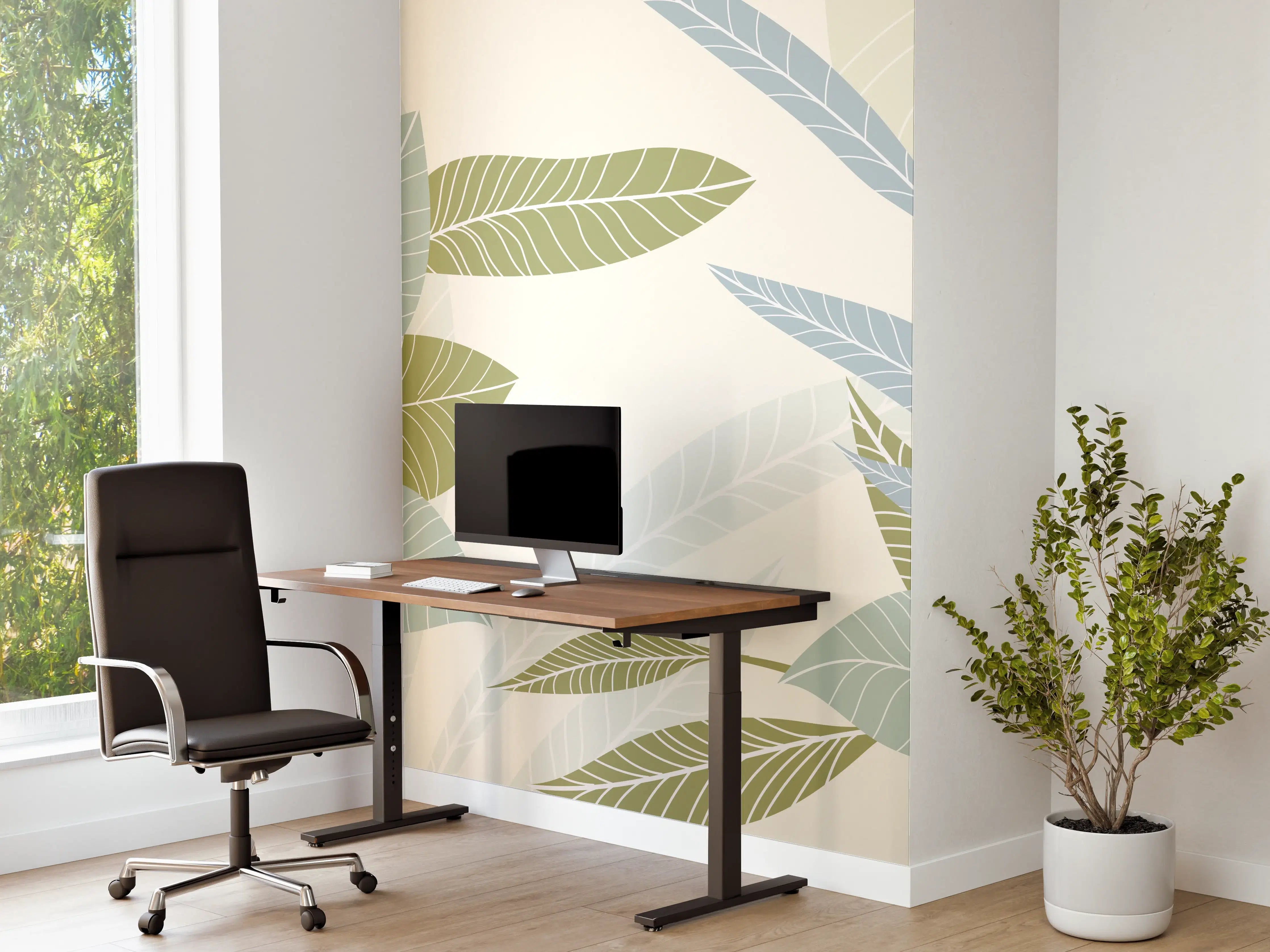 Büro Wandgestaltung - Illustrierte Blättermotiv Tapete
