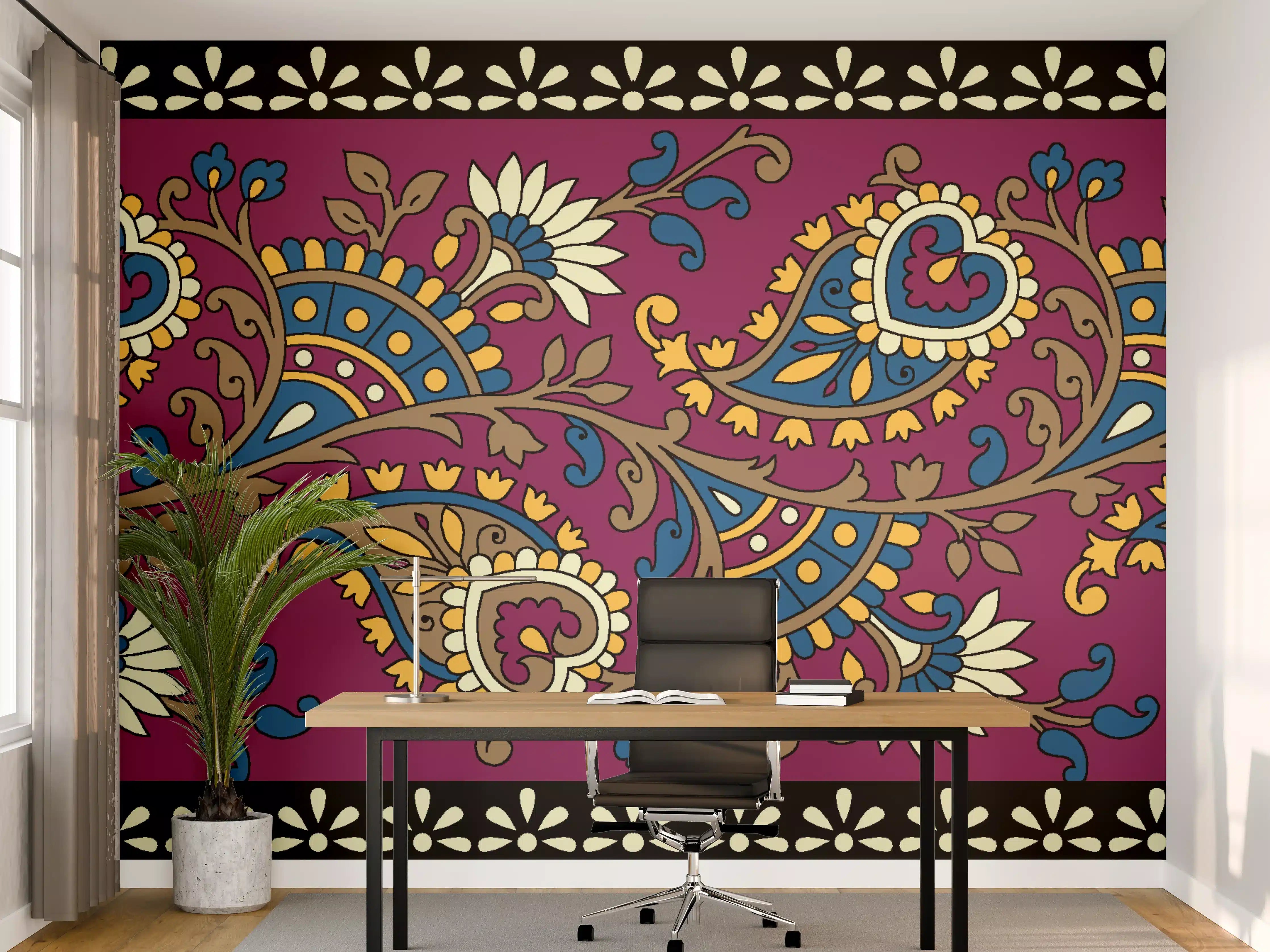 Büro Wandgestaltung - Indischer Paisley-Muster mit bunten Blüten