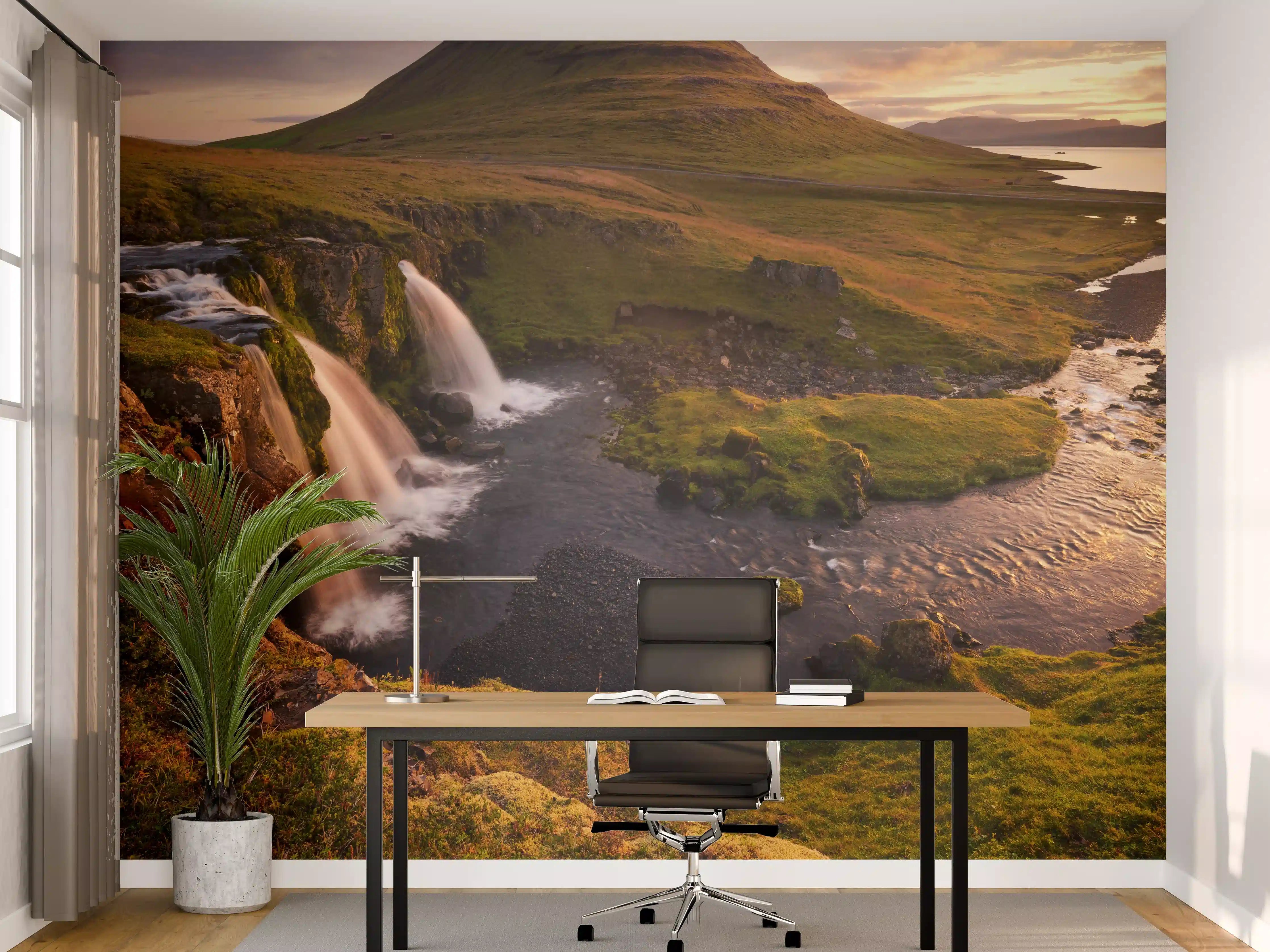 Büro Wandgestaltung - Island Wasserfall Morgenrot