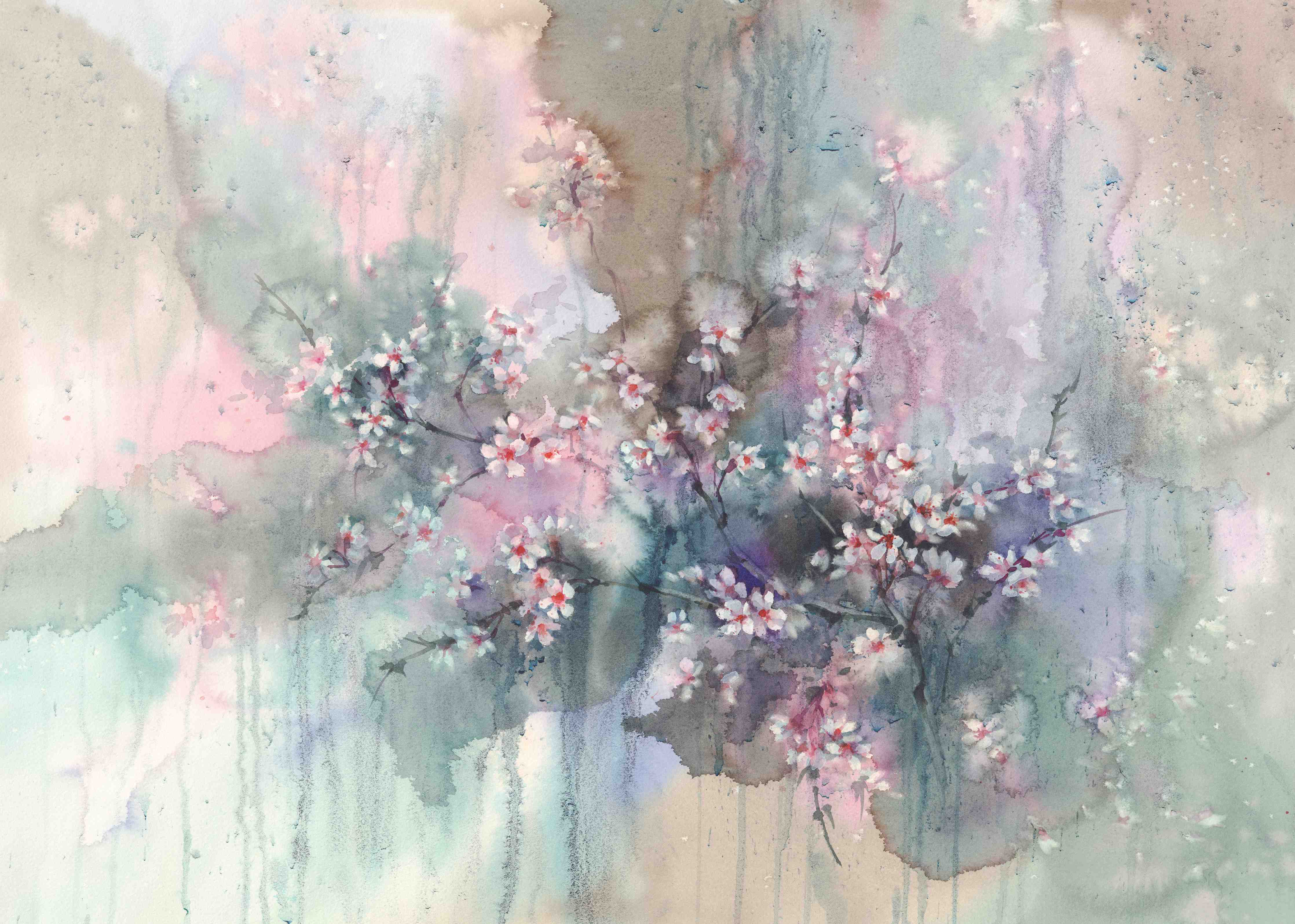 Büro Wandgestaltung-Japanische Kirchblüten mit Aquarell Muster