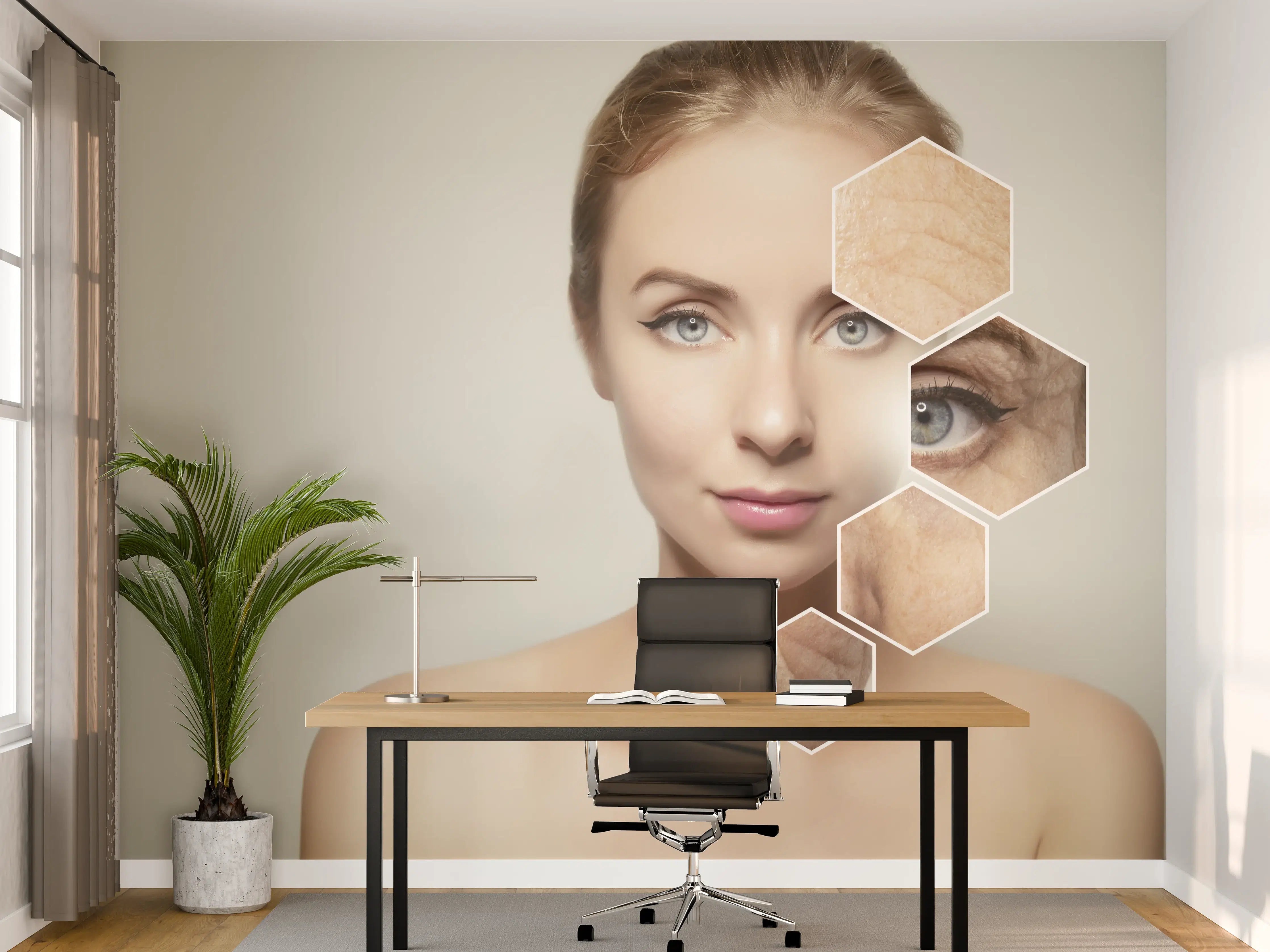 Büro Wandgestaltung - Junge Frau mit Grafikelementen alter Haut