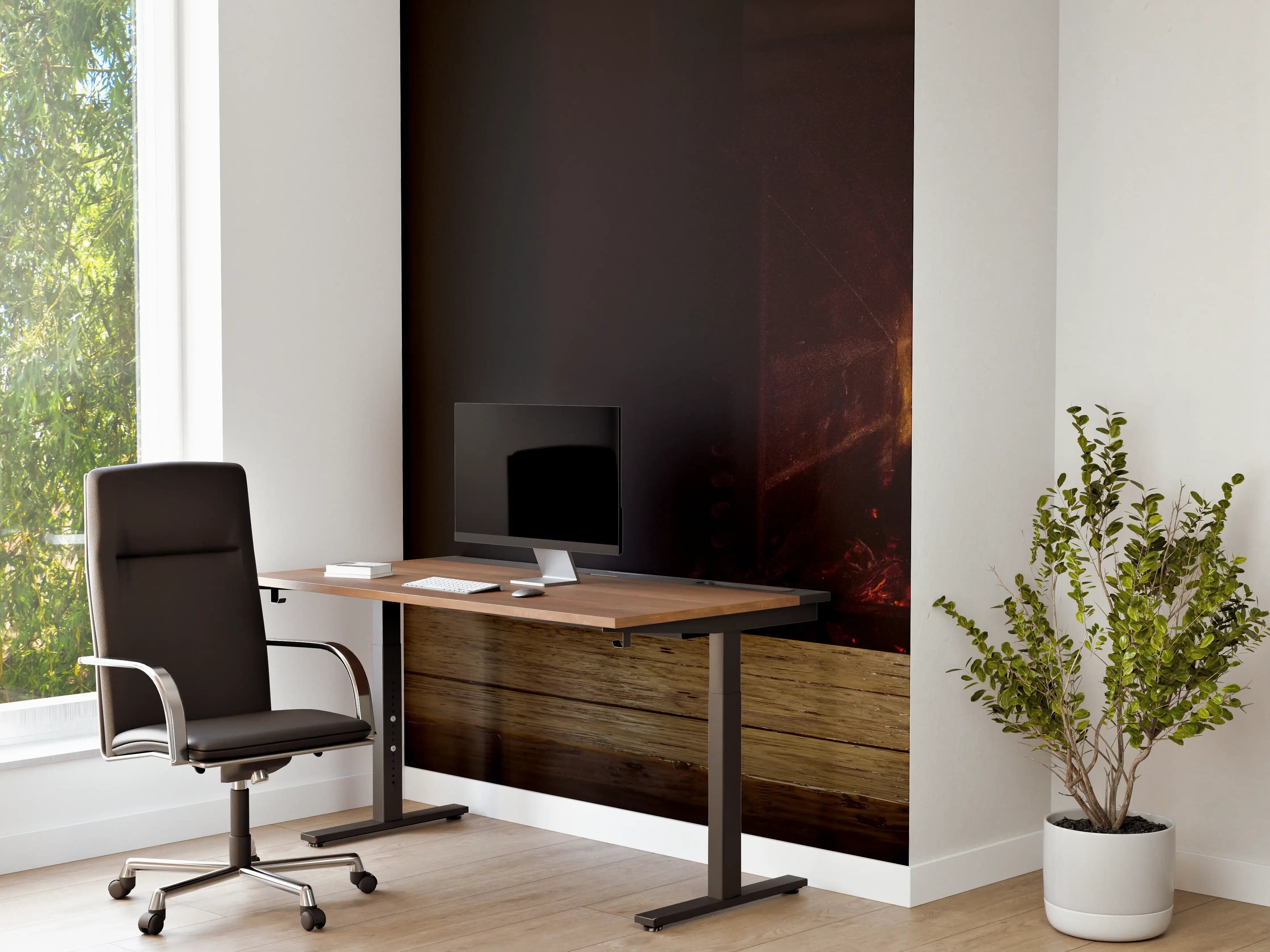 Büro Wandgestaltung - Kaminfeuer vor Holztisch