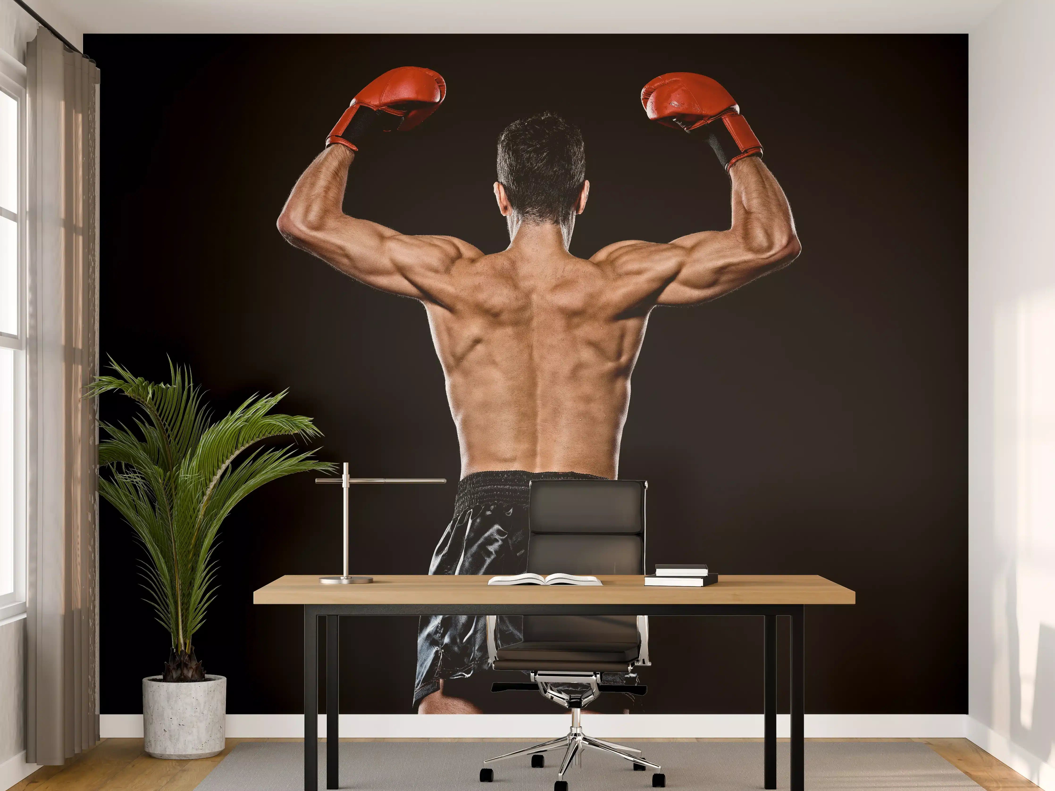 Büro Wandgestaltung - Kaukasischer Boxer auf schwarzem Hintergrund