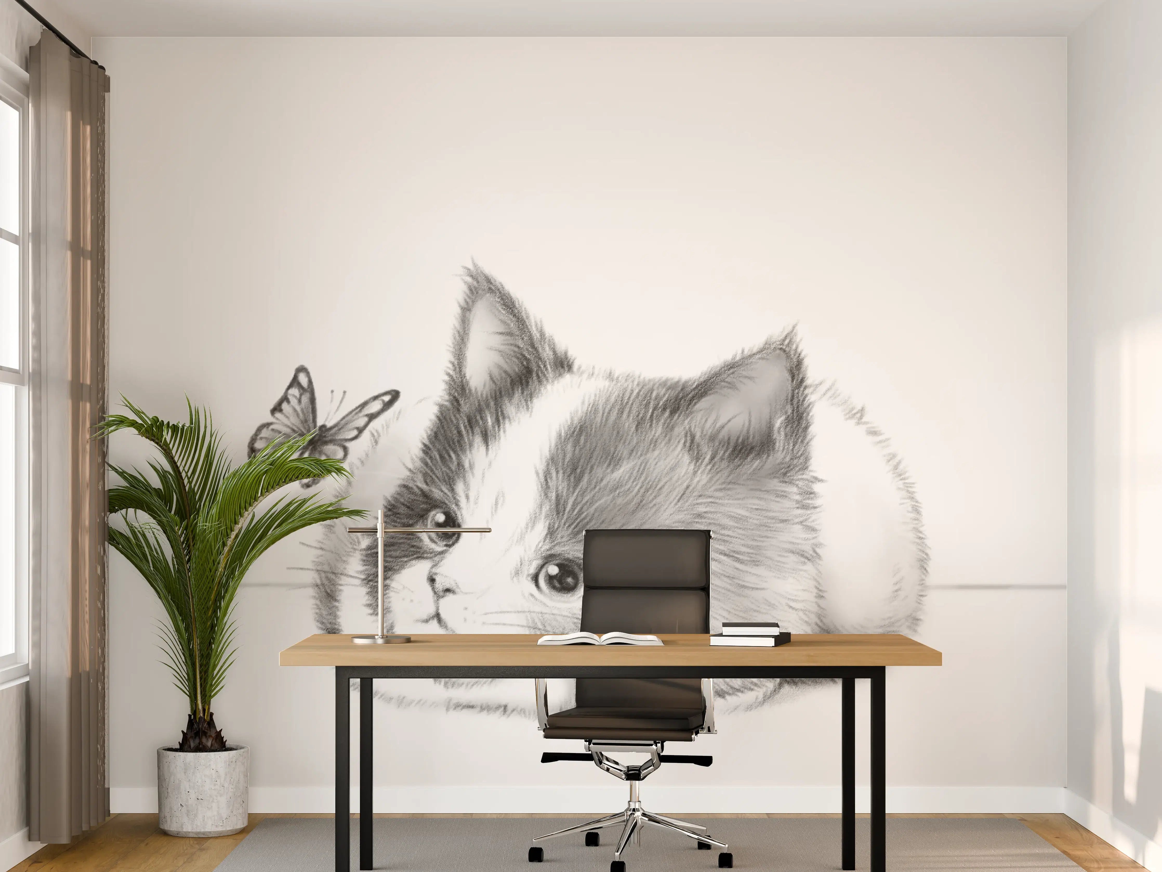 Büro Wandgestaltung - Kindermotiv einer Katze - Schwarz-weiß