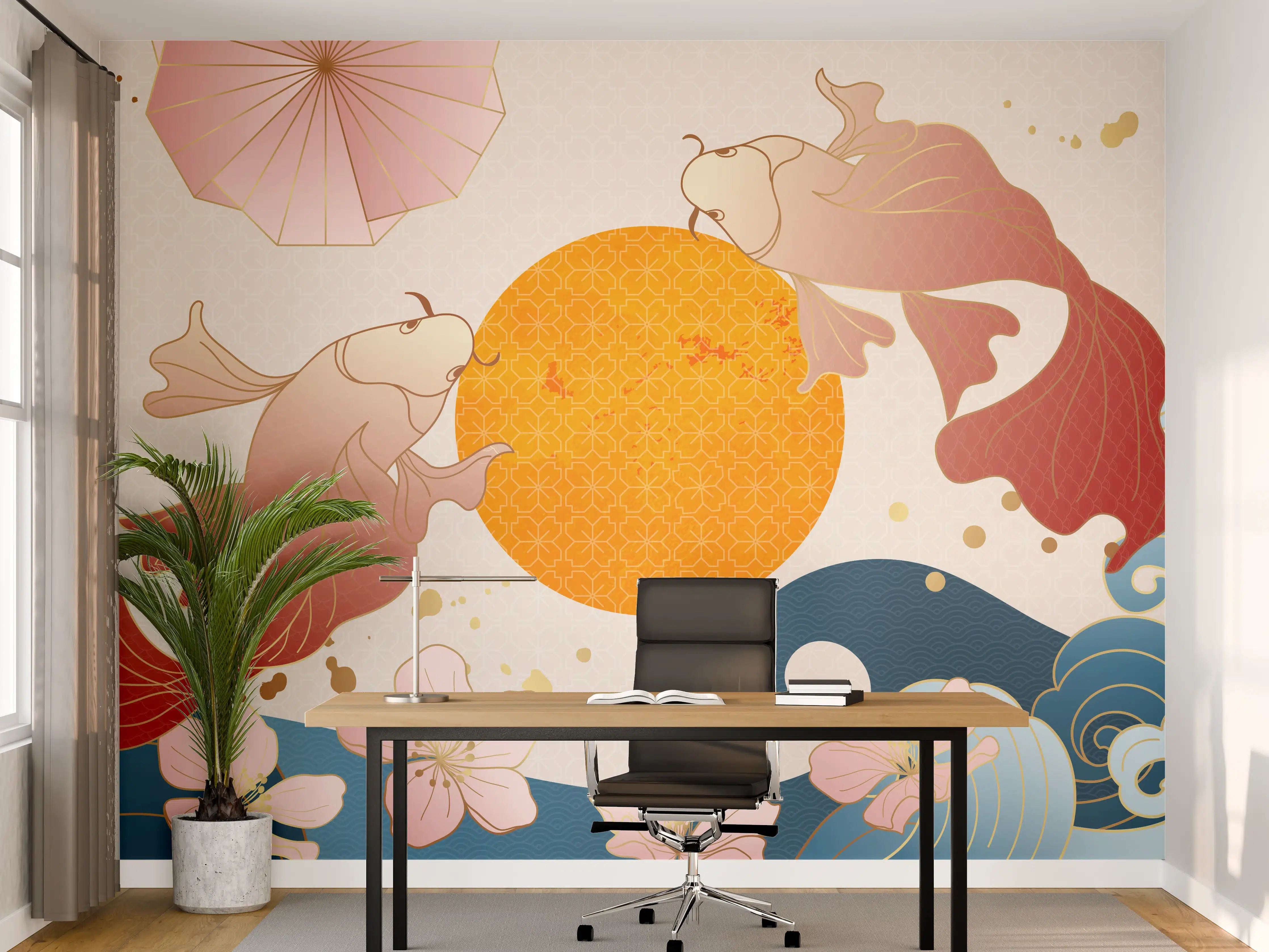 Büro Wandgestaltung - Koi-Karpfen-Ornament-Grafik