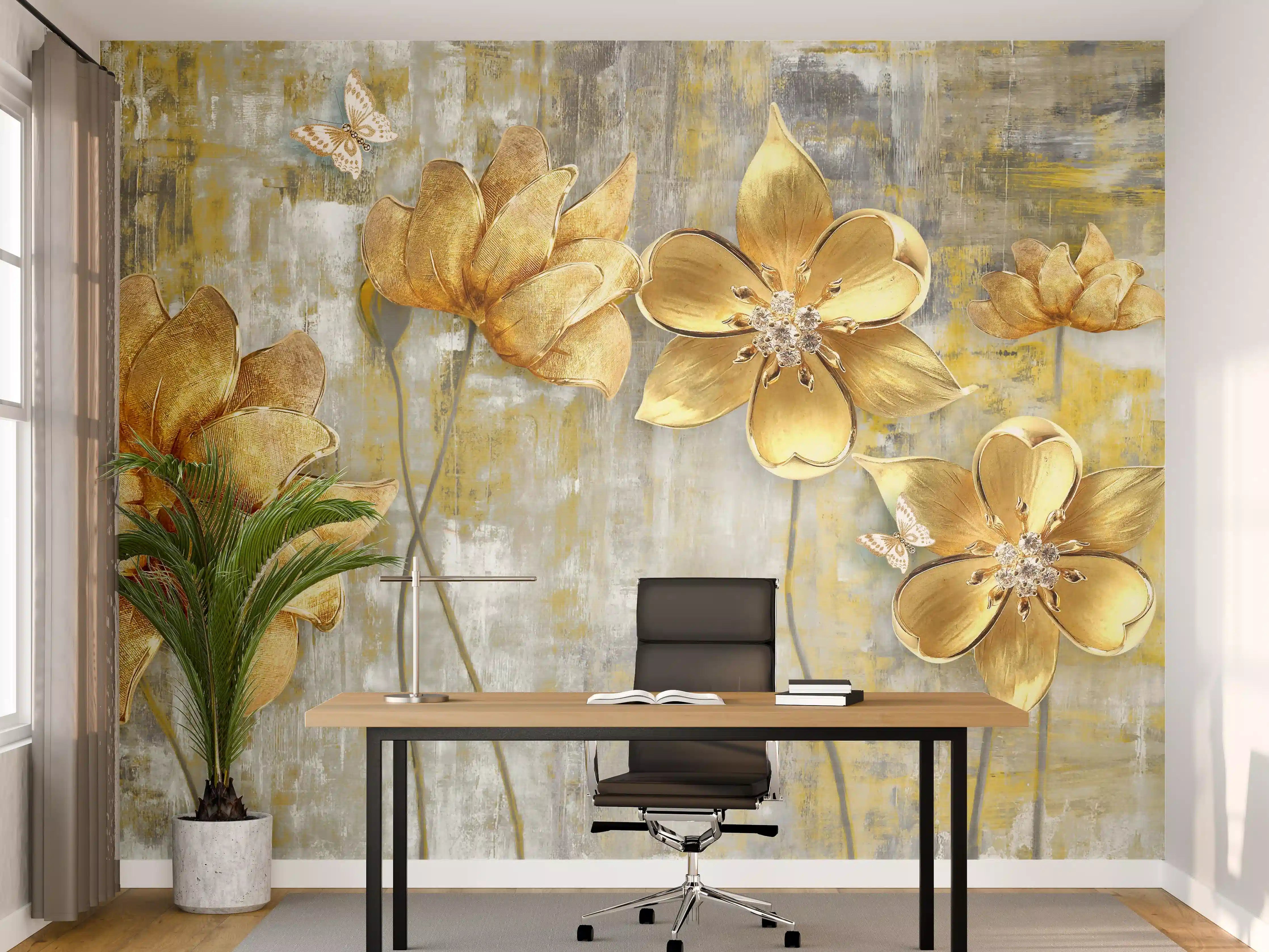 Büro Wandgestaltung - Künstlerische Blattgold-Blumen