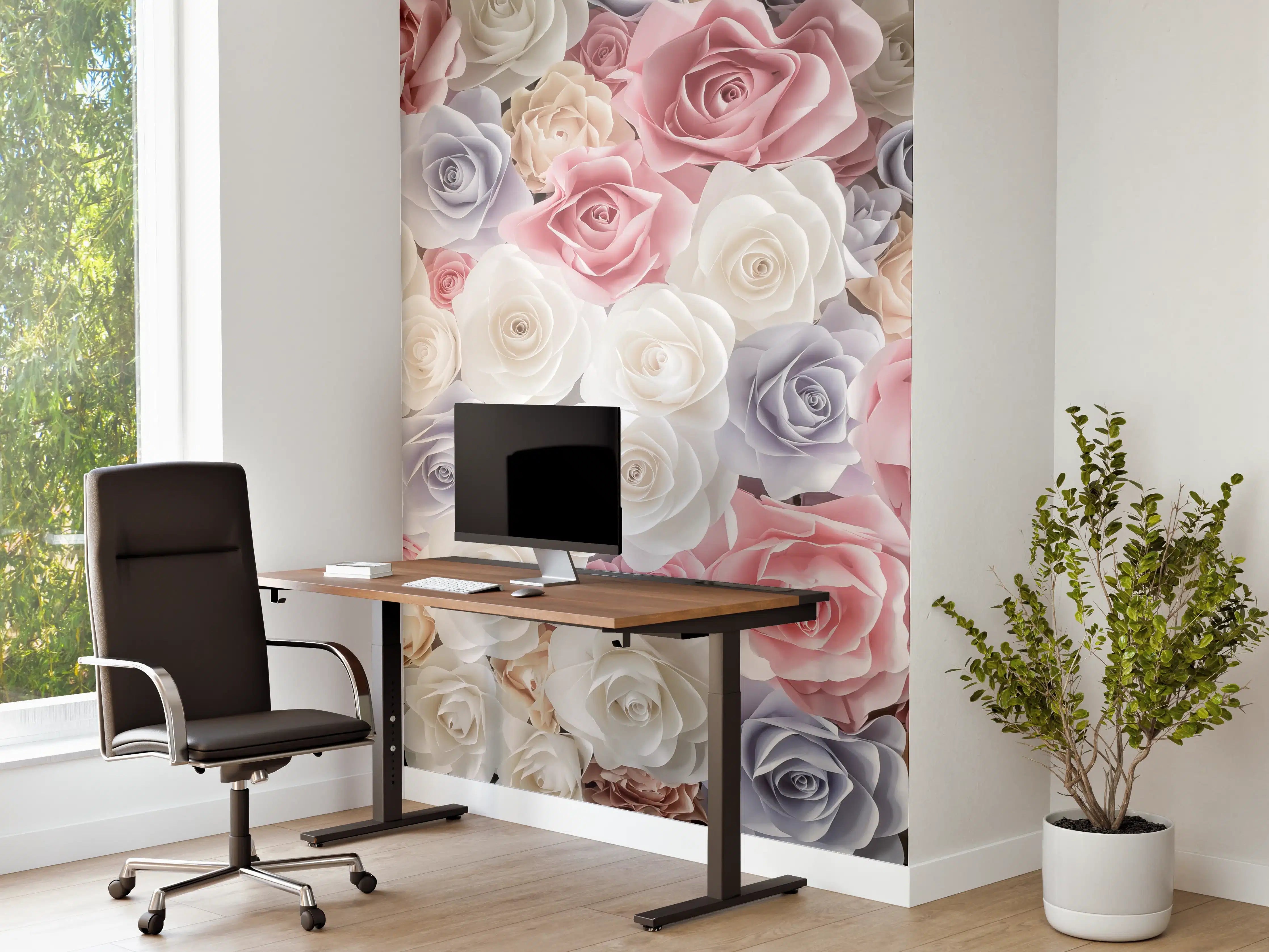 Büro Wandgestaltung - Kulisse aus bunten Papierrosen