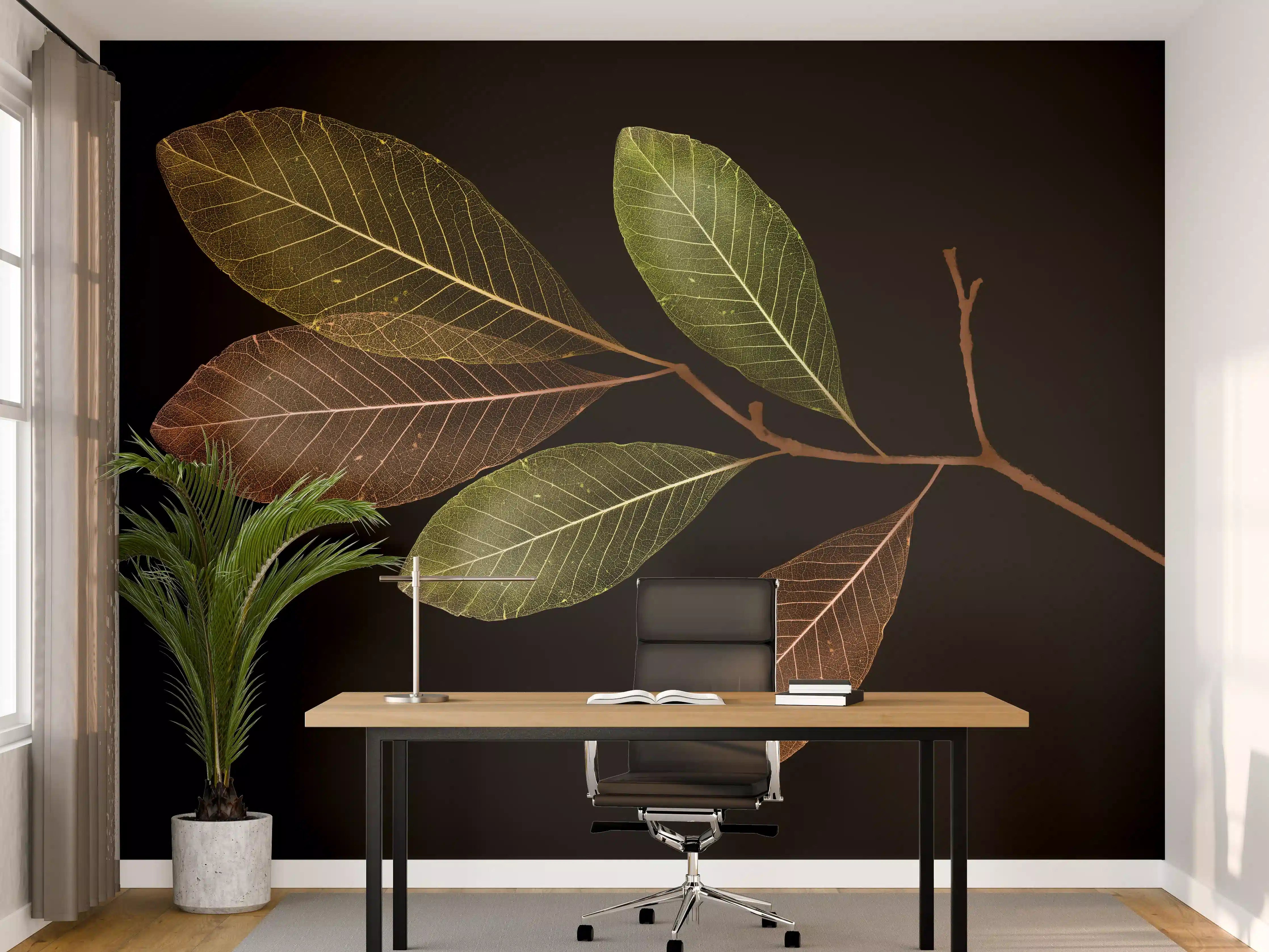 Büro Wandgestaltung - Laubzweig Grün-Braun Textur