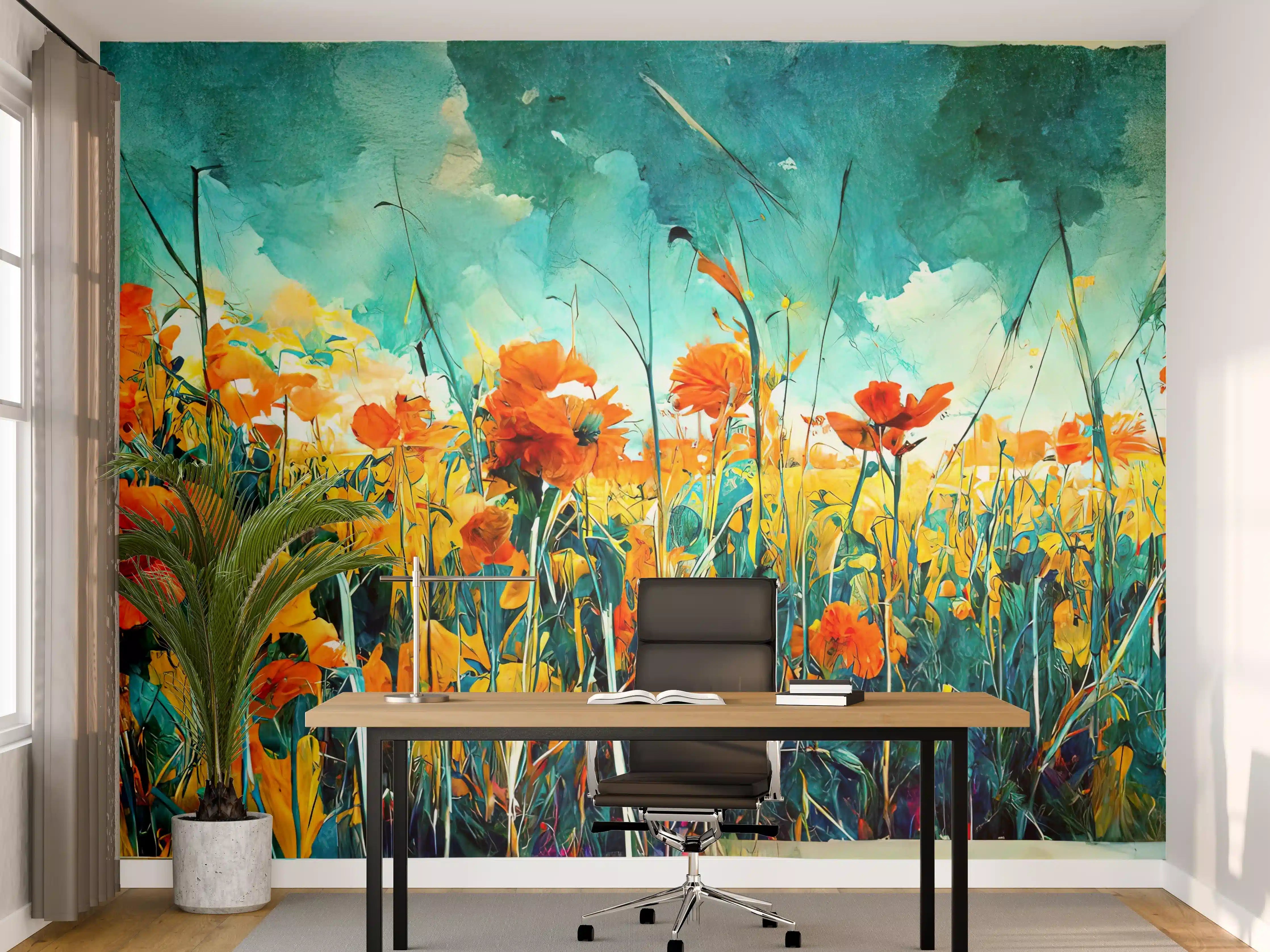 Büro Wandgestaltung - Lebendige Blumenwiese im Wasserfarbenstil