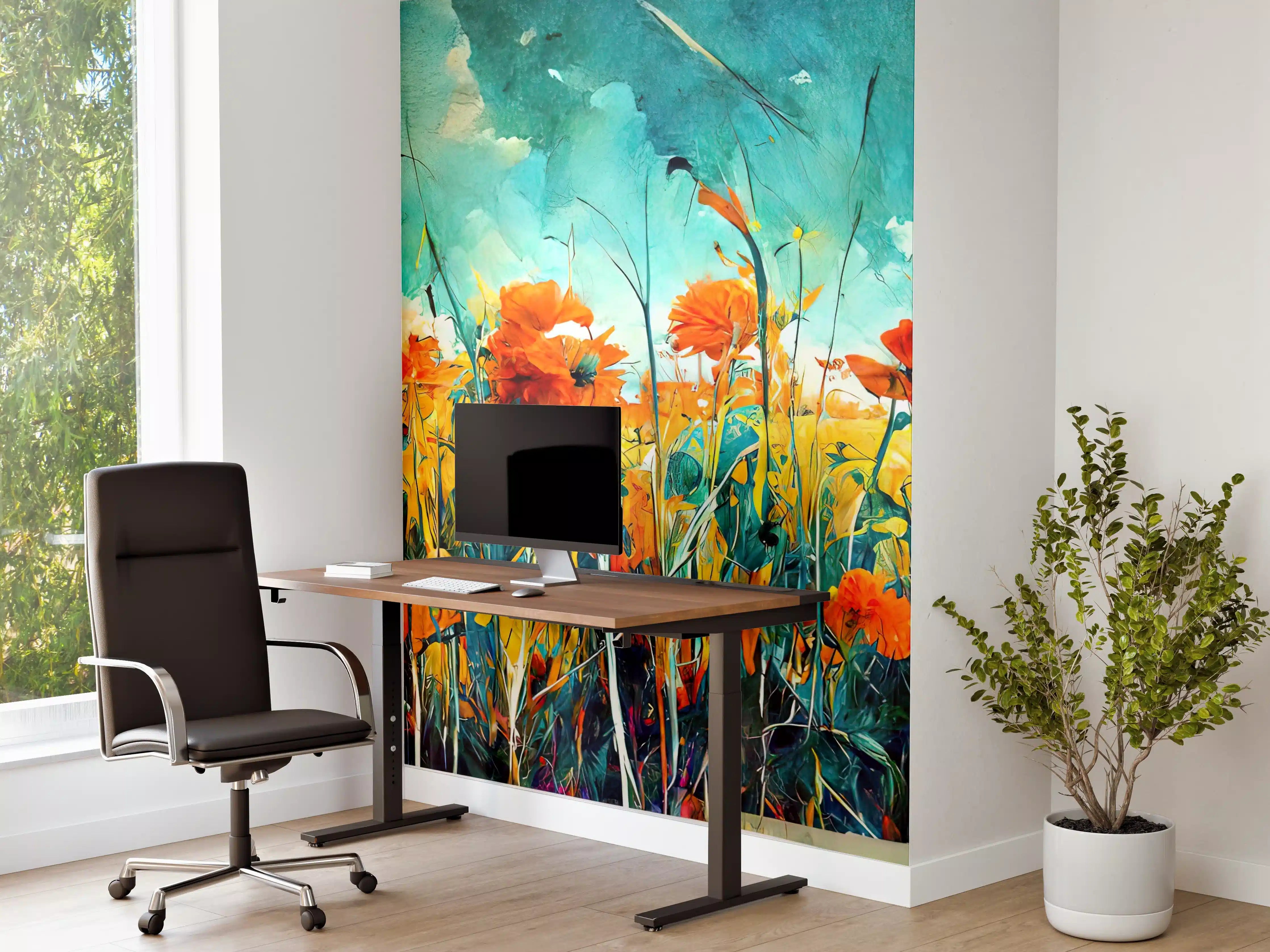 Büro Wandgestaltung - Lebendige Blumenwiese im Wasserfarbenstil