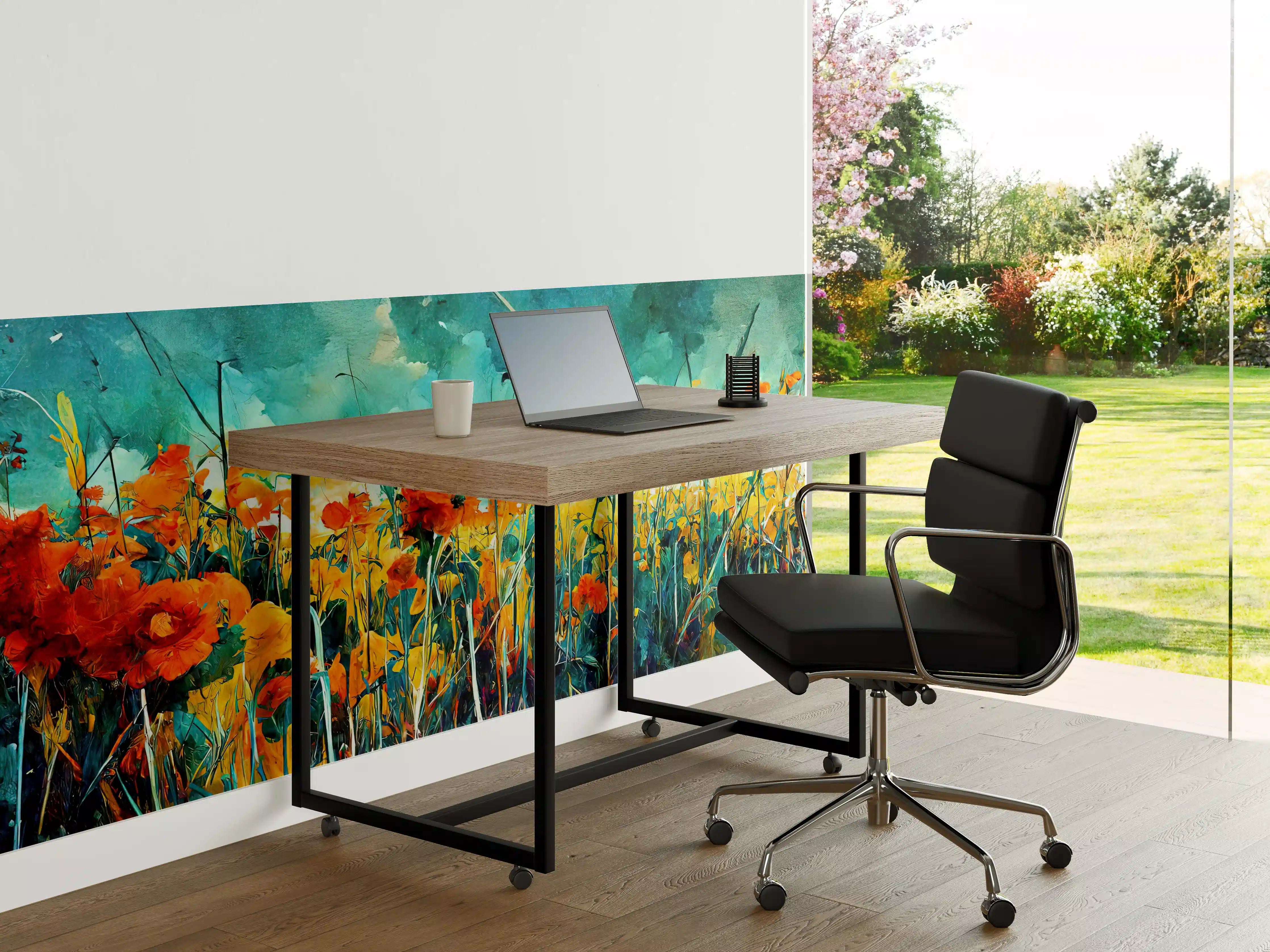 Büro Wandgestaltung - Lebendige Blumenwiese im Wasserfarbenstil