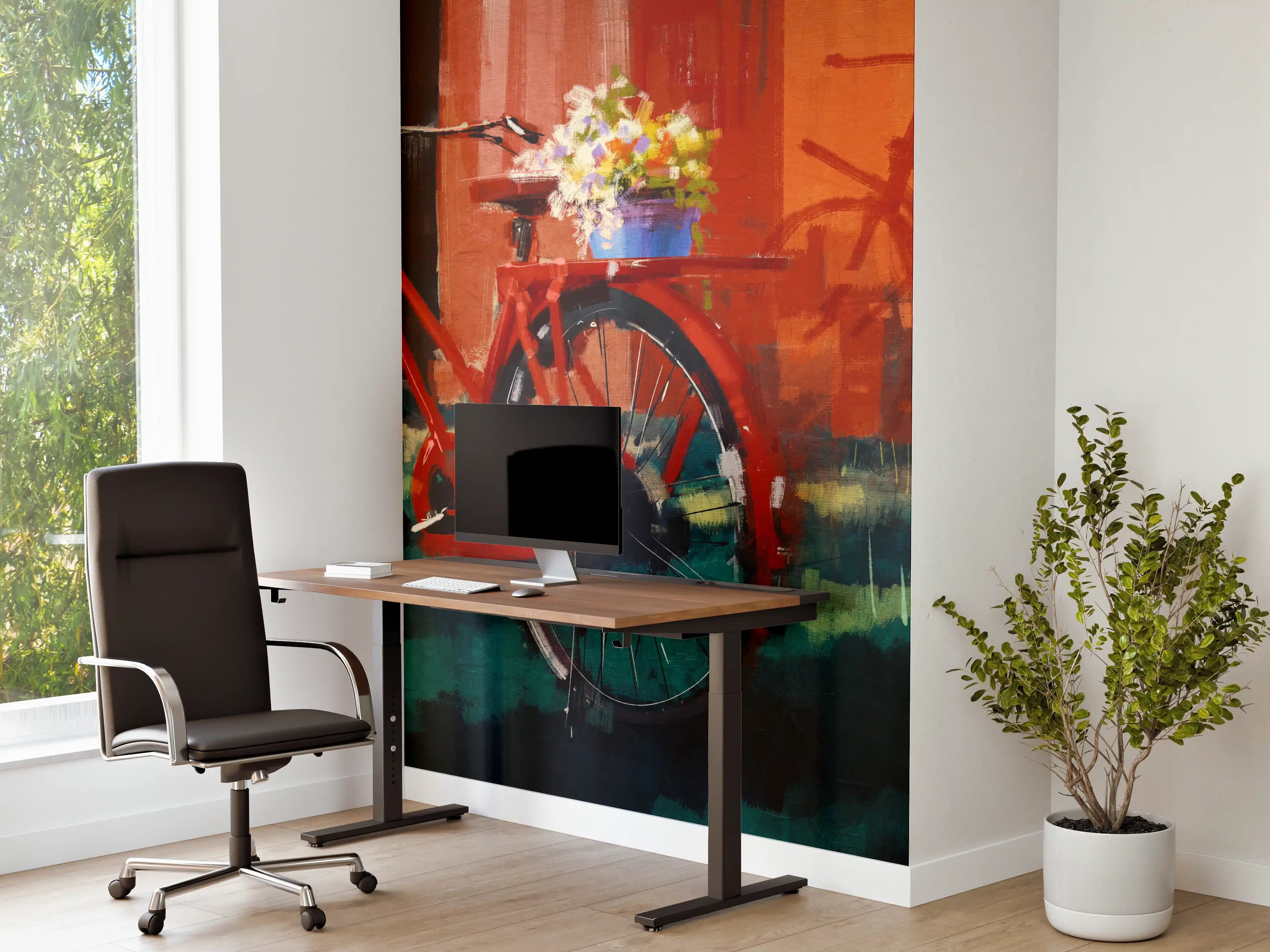 Büro Wandgestaltung - Lebendige Fahrrad- und Blumenkomposition