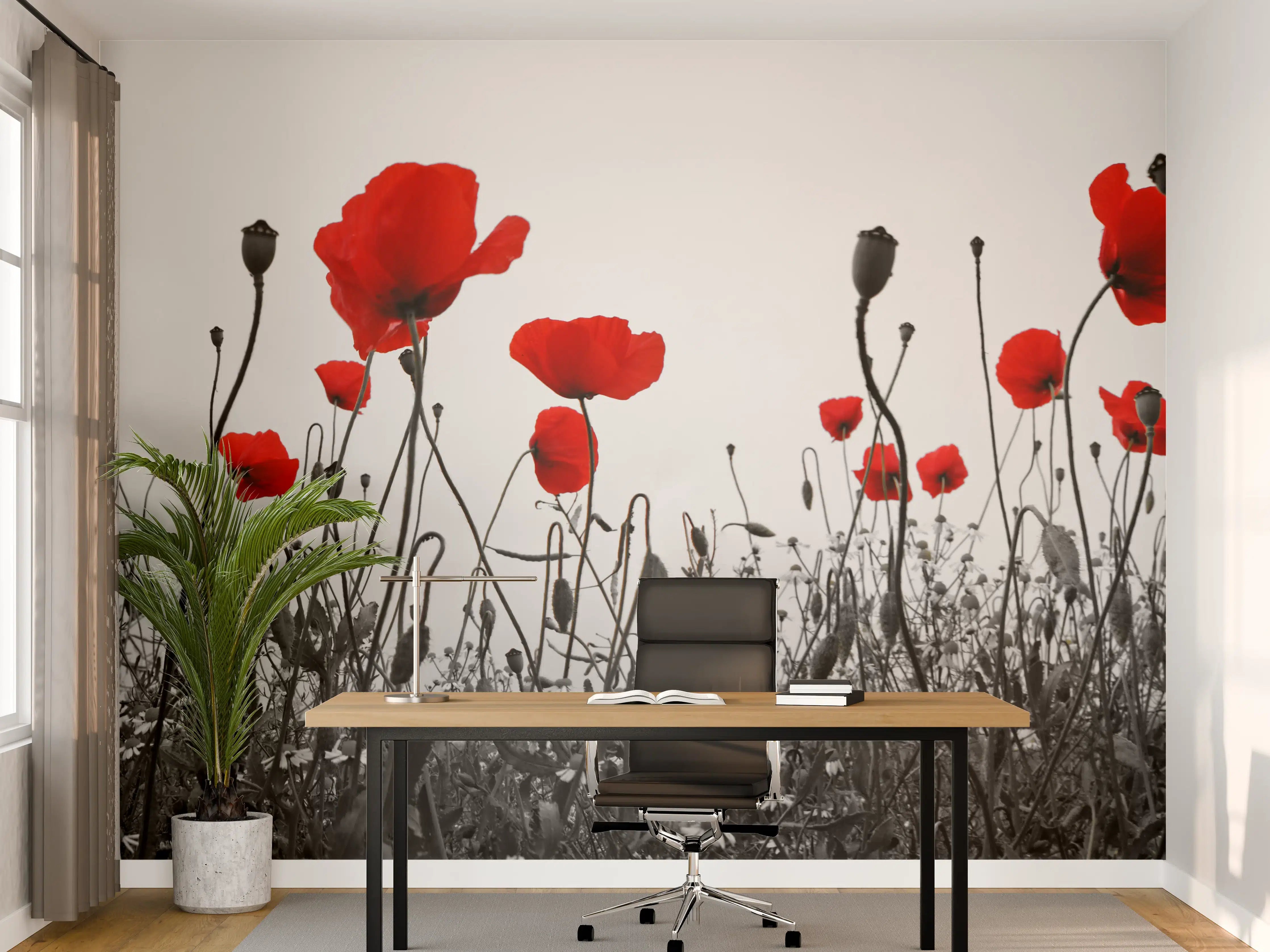 Büro Wandgestaltung - Leuchtend rote Mohnblumen vor grauem Himmel