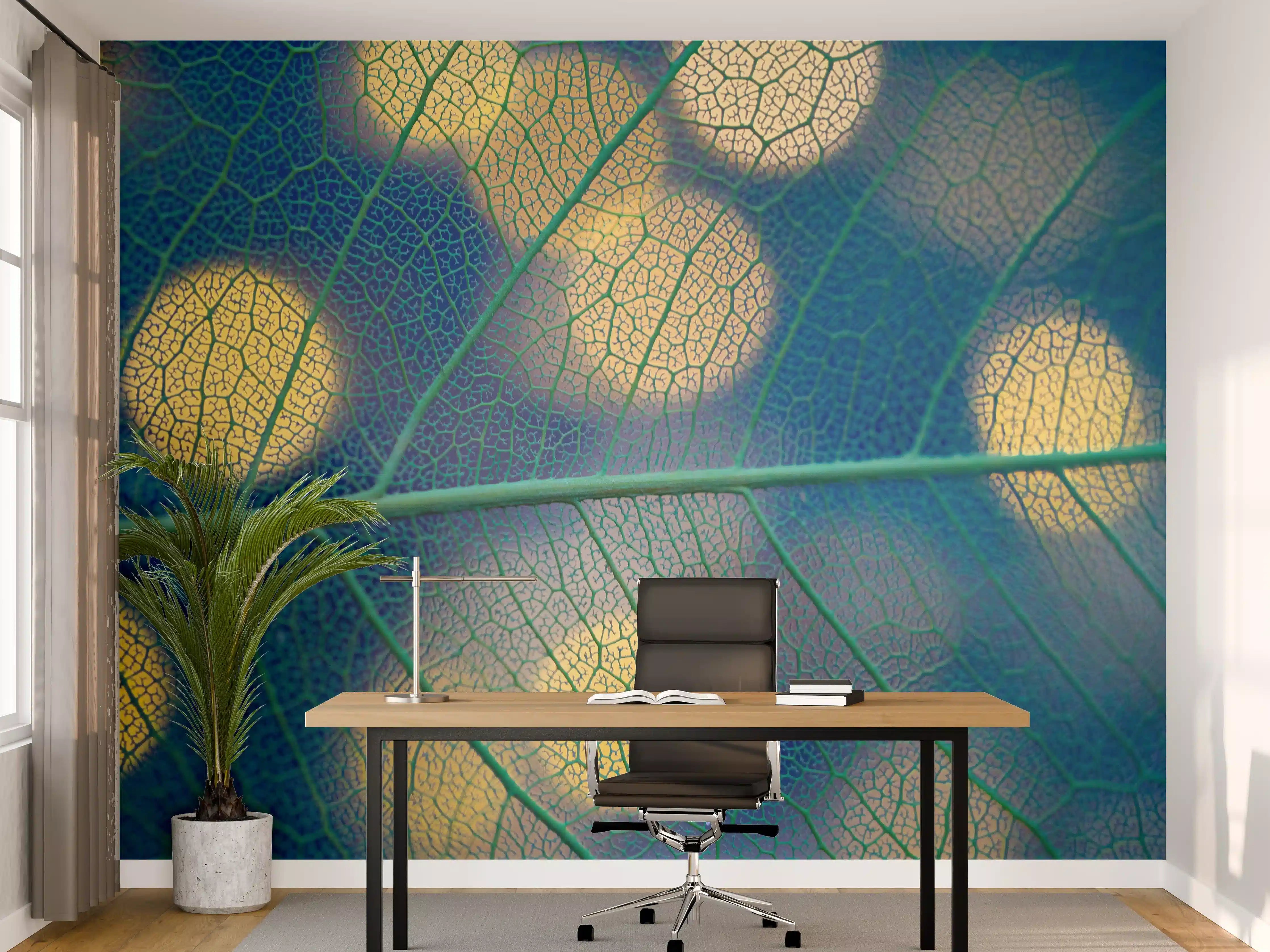 Büro Wandgestaltung - Leuchtende Blätter mit softem Bokeh-Effekt