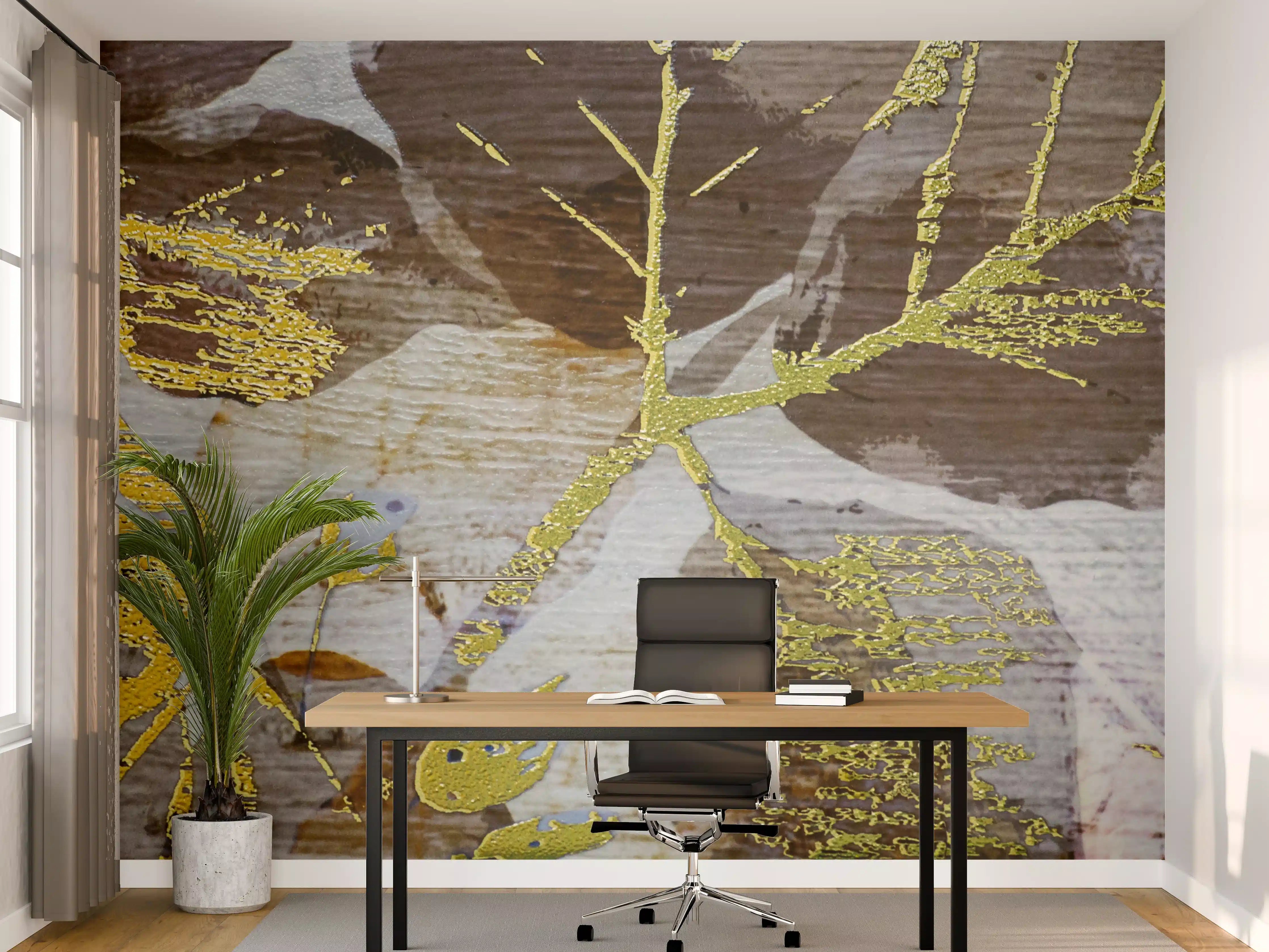 Büro Wandgestaltung - Leuchtende Blattmuster in goldener Tönung