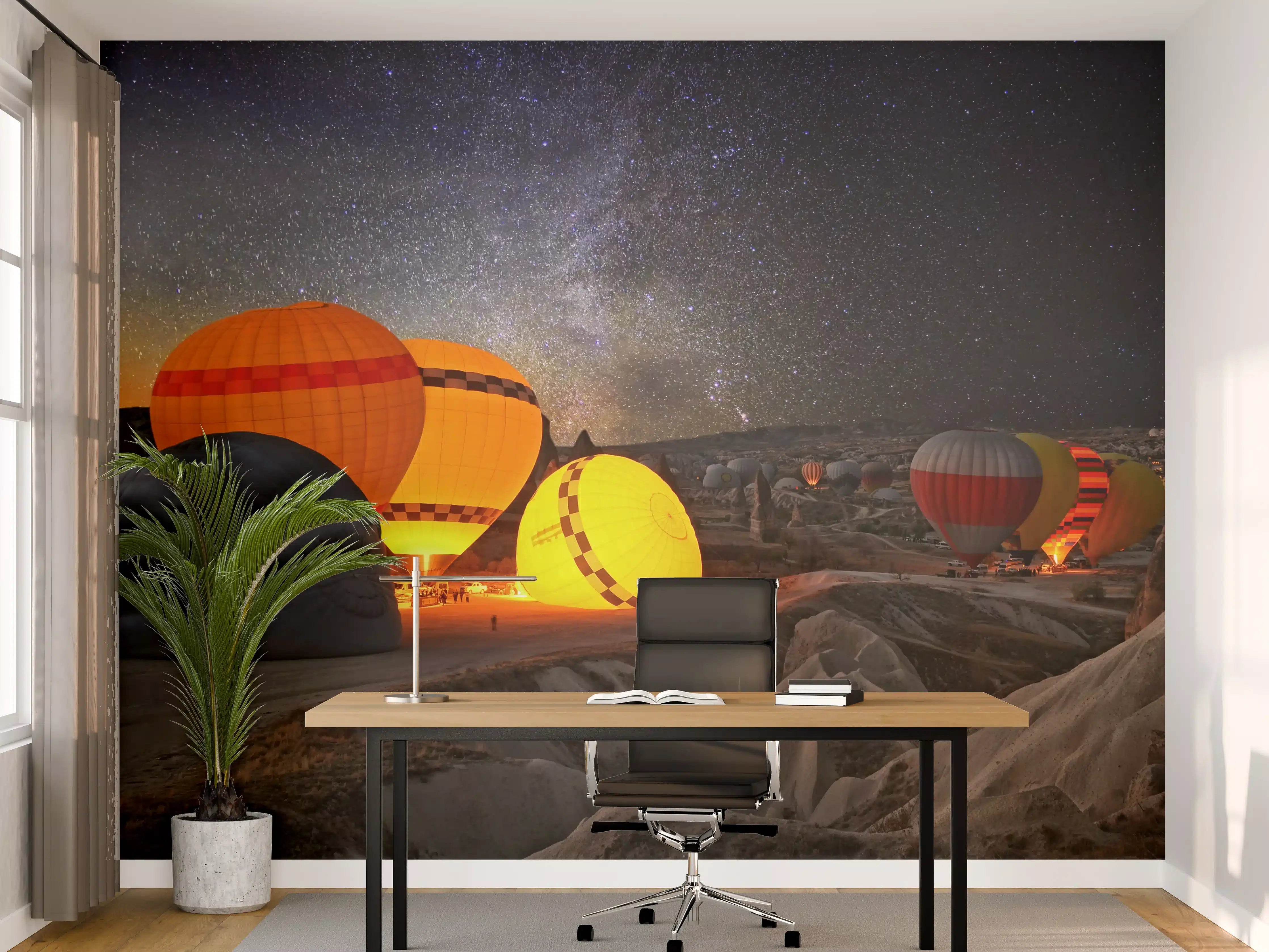 Büro Wandgestaltung - Leuchtende Heißluftballons bei nächtlichem Sternenhimmel