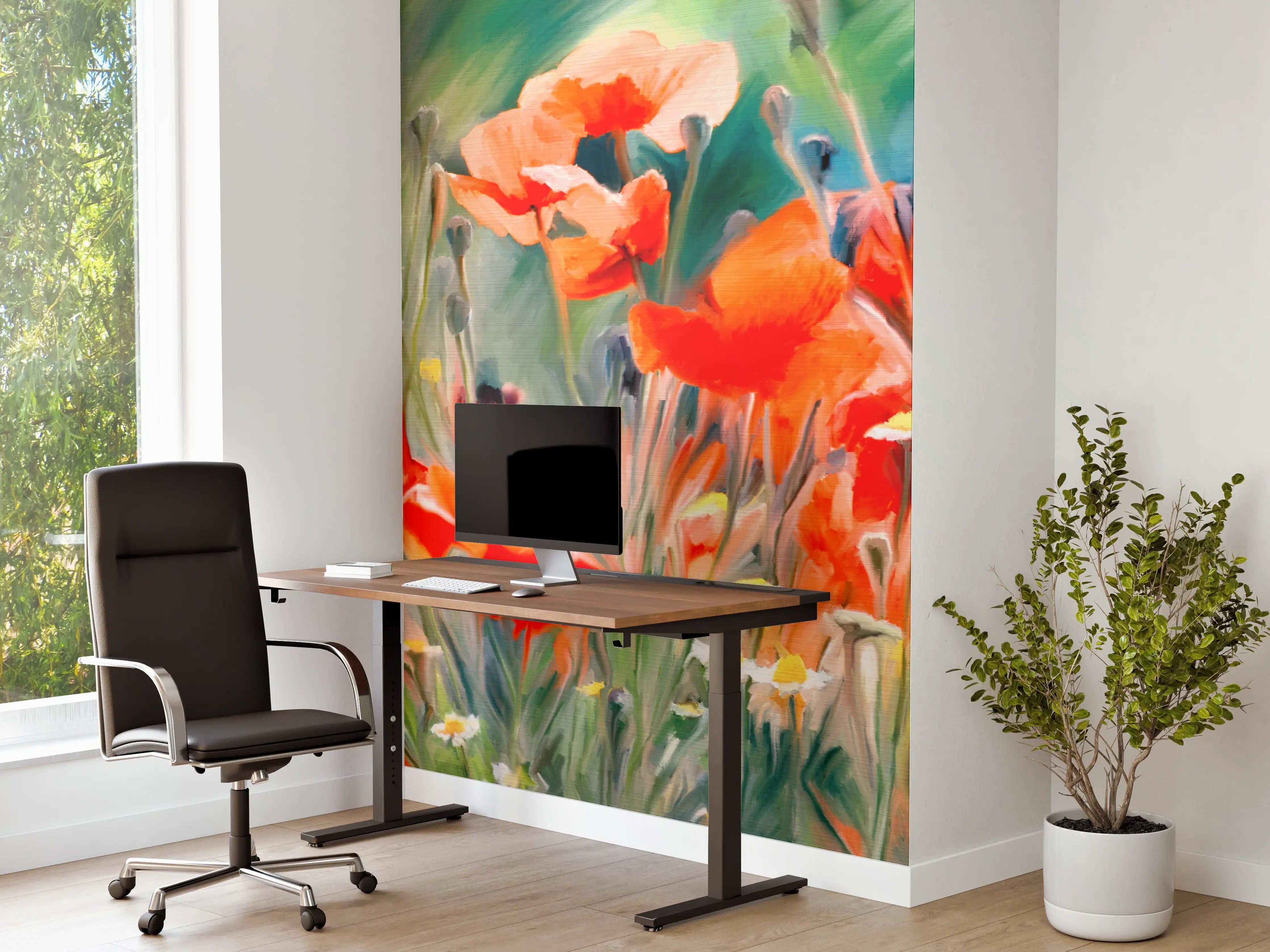 Büro Wandgestaltung - Leuchtende Mohnblumen in frischem Grün