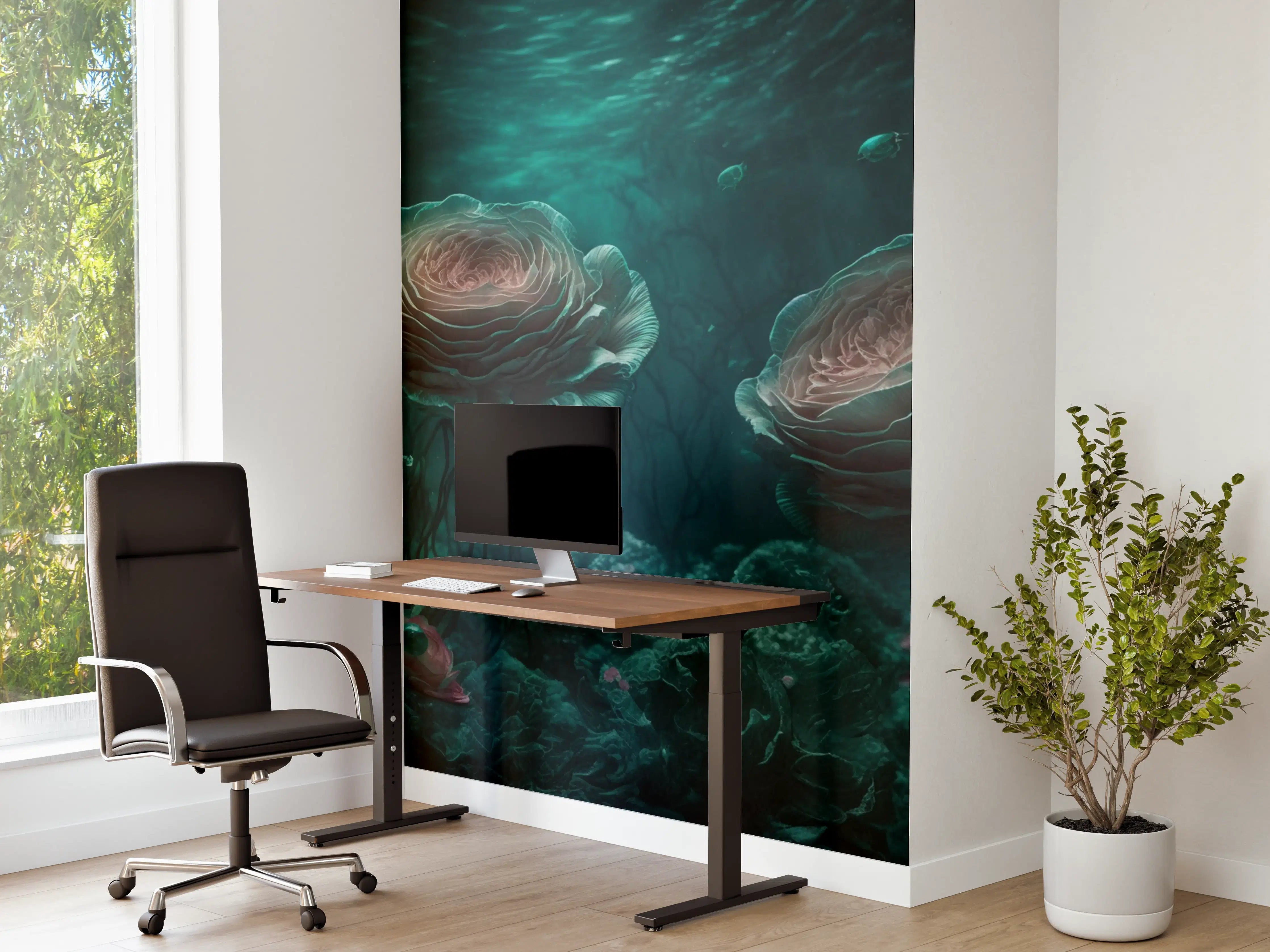 Büro Wandgestaltung - Leuchtende Quallen im Grauweißmeer
