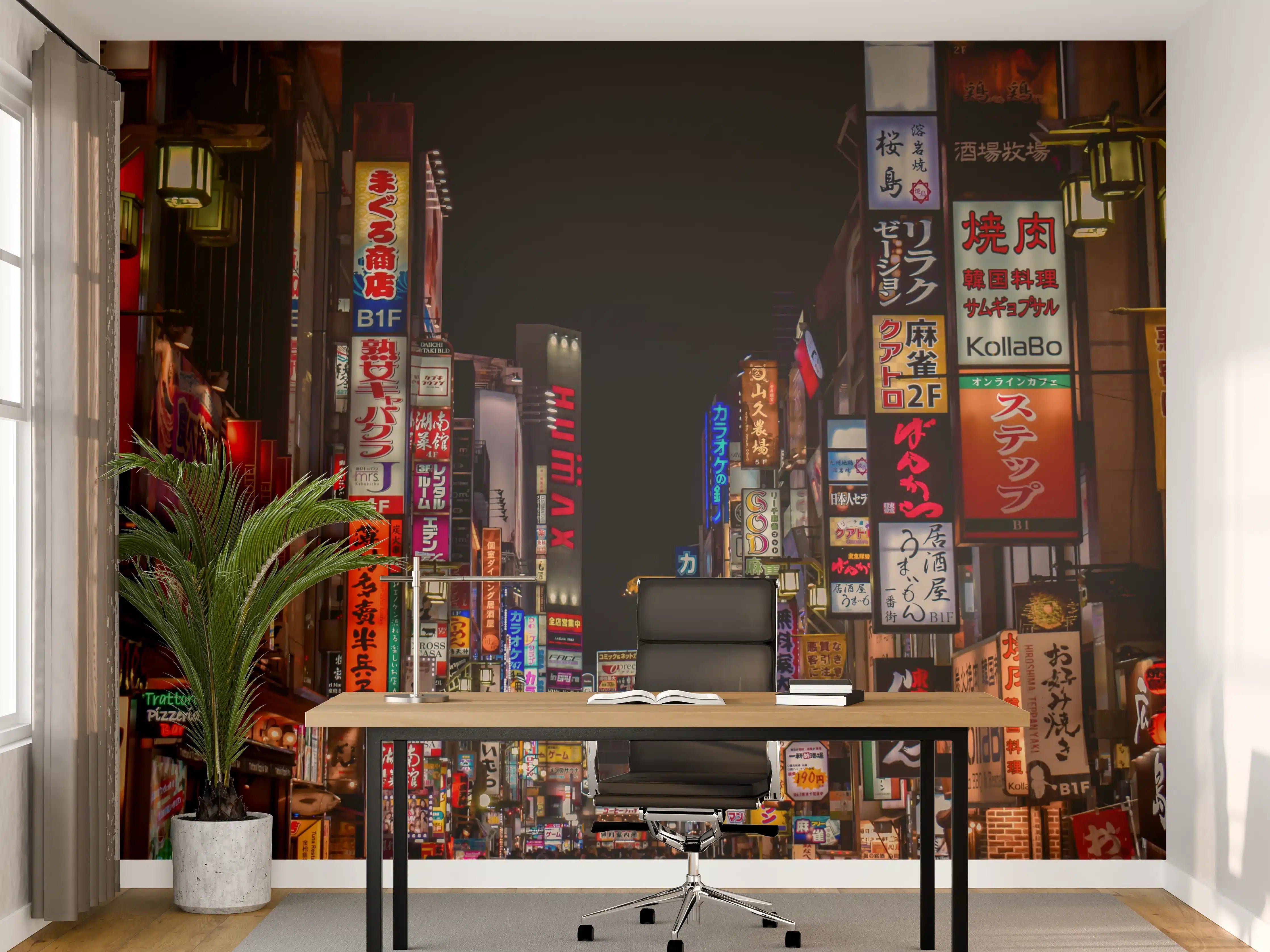 Büro Wandgestaltung - Leuchtende Straßenszene in Tokio bei Nacht