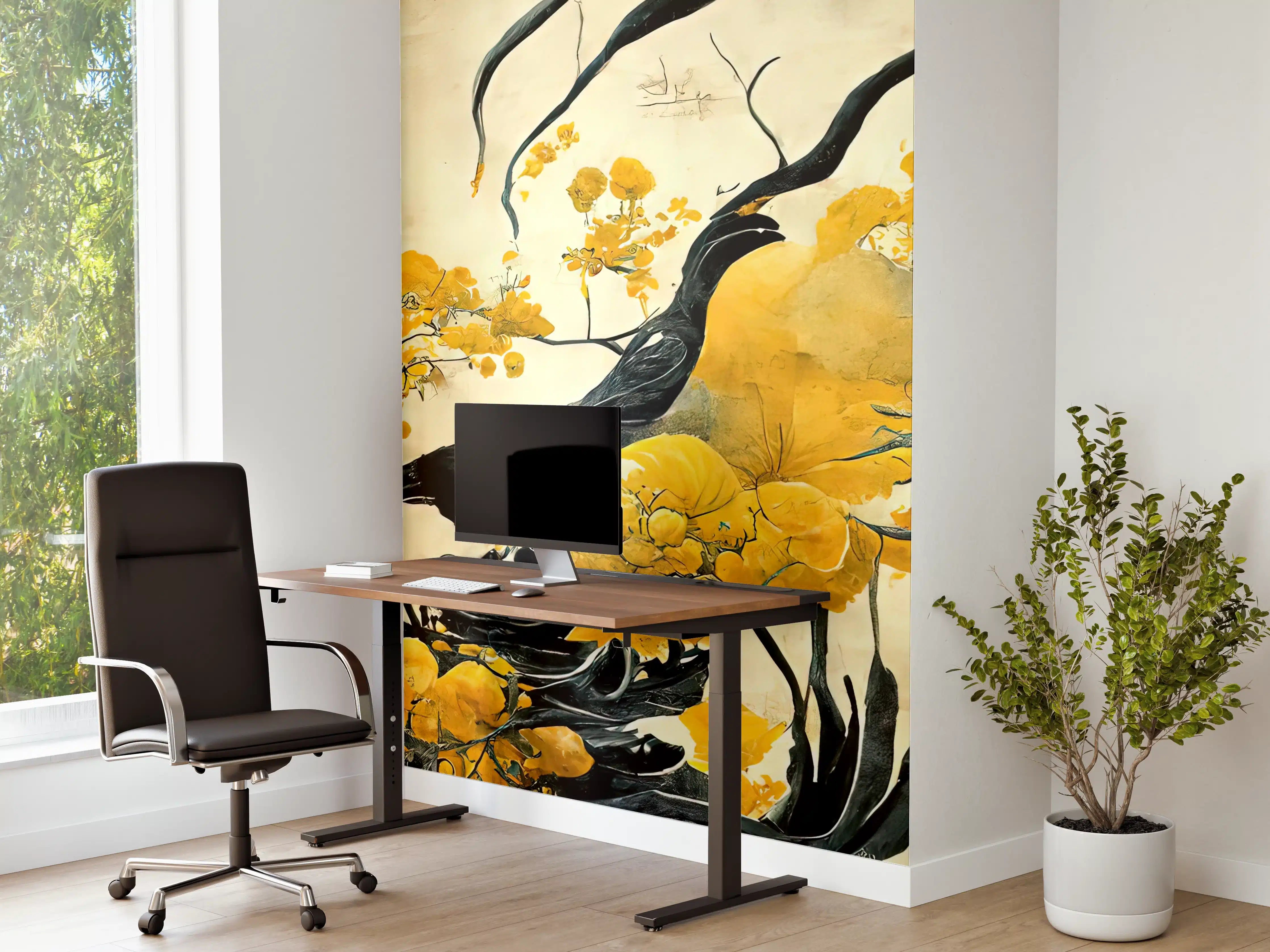 Büro Wandgestaltung - Leuchtende gelbe Blüten an dunklem Ast