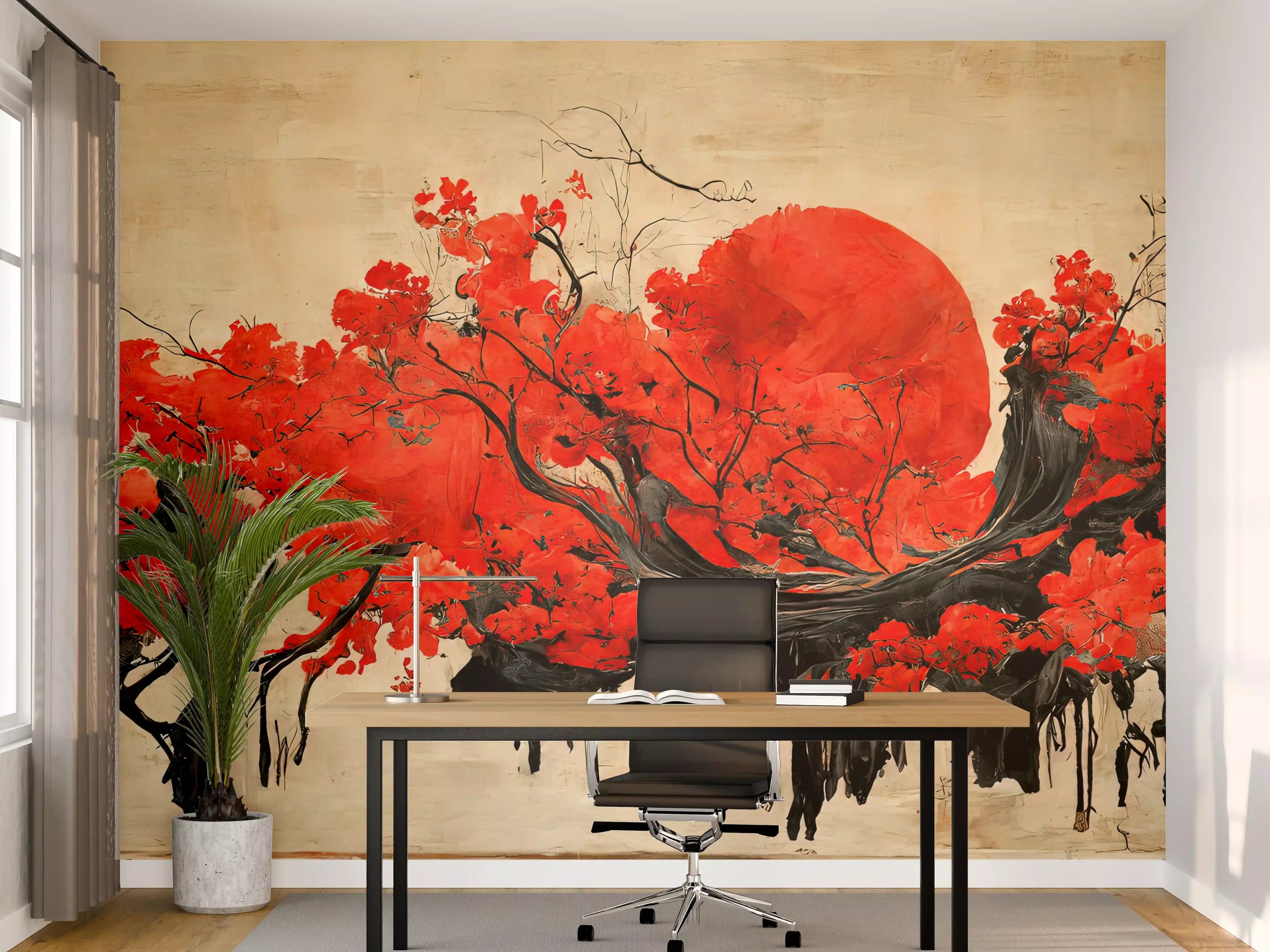 Büro Wandgestaltung - Leuchtende rote Kirschblüten mit Sonnenuntergang