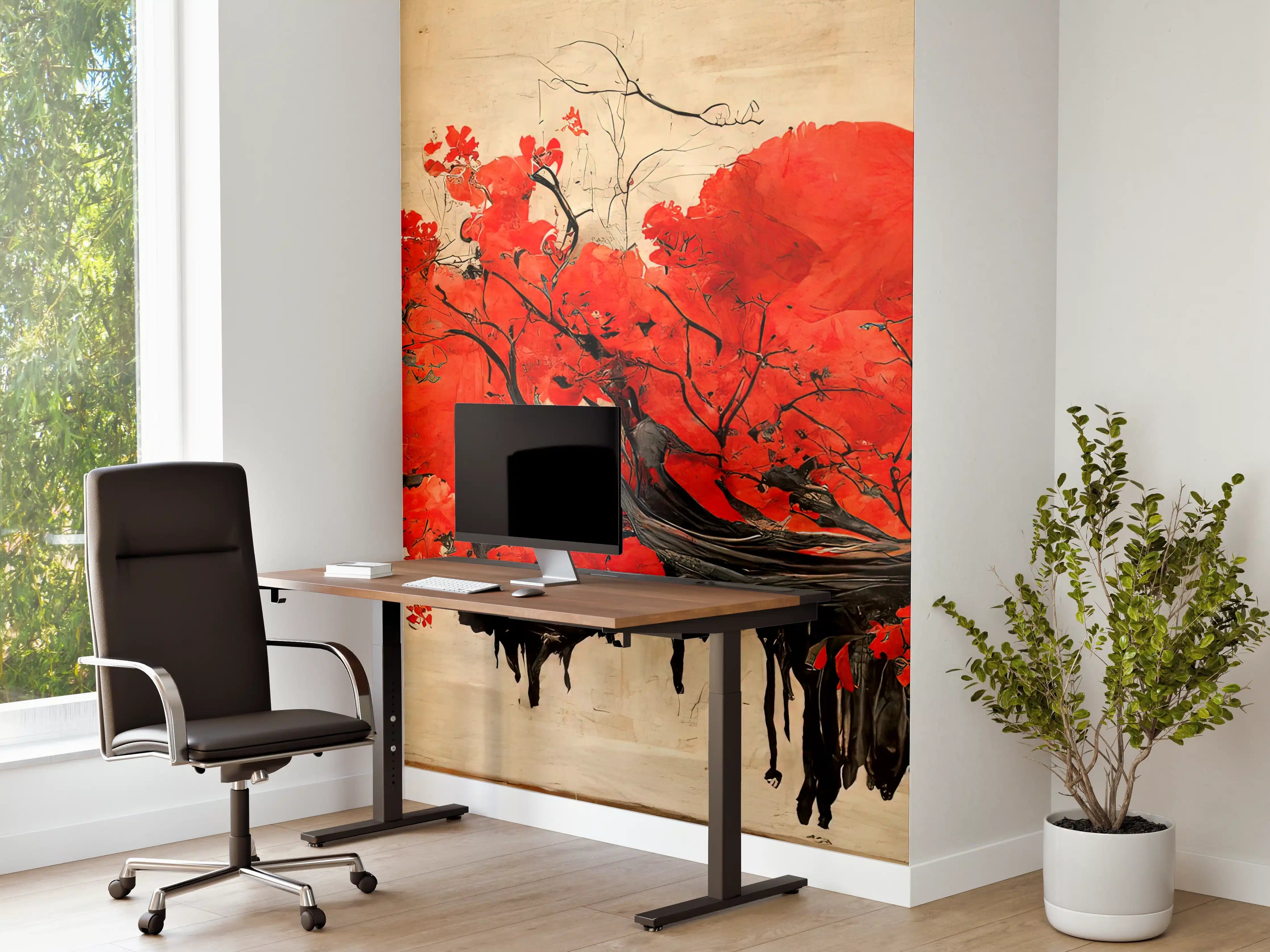 Büro Wandgestaltung - Leuchtende rote Kirschblüten mit Sonnenuntergang