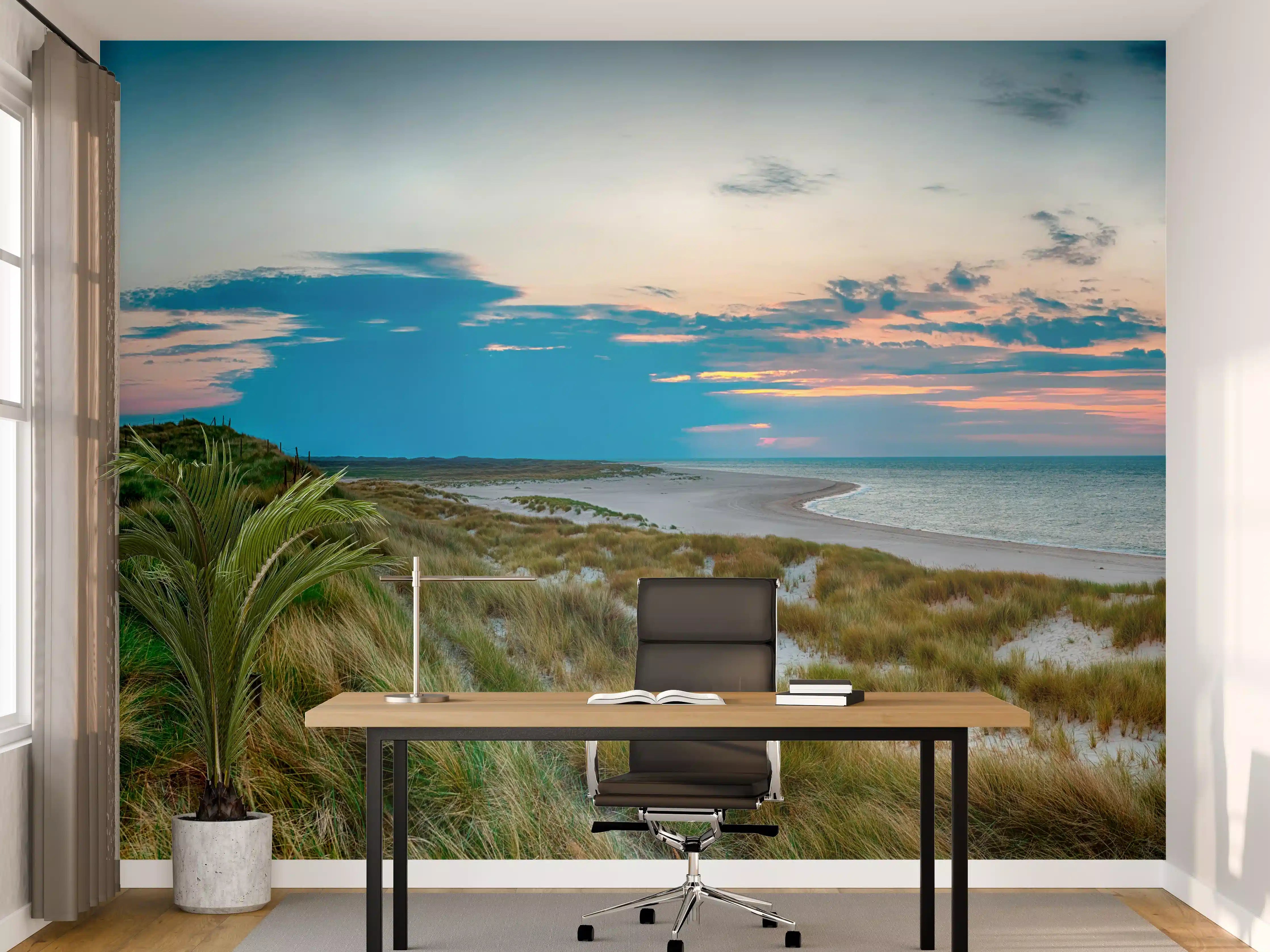 Büro Wandgestaltung - Leuchtturm am Strand bei Sonnenuntergang