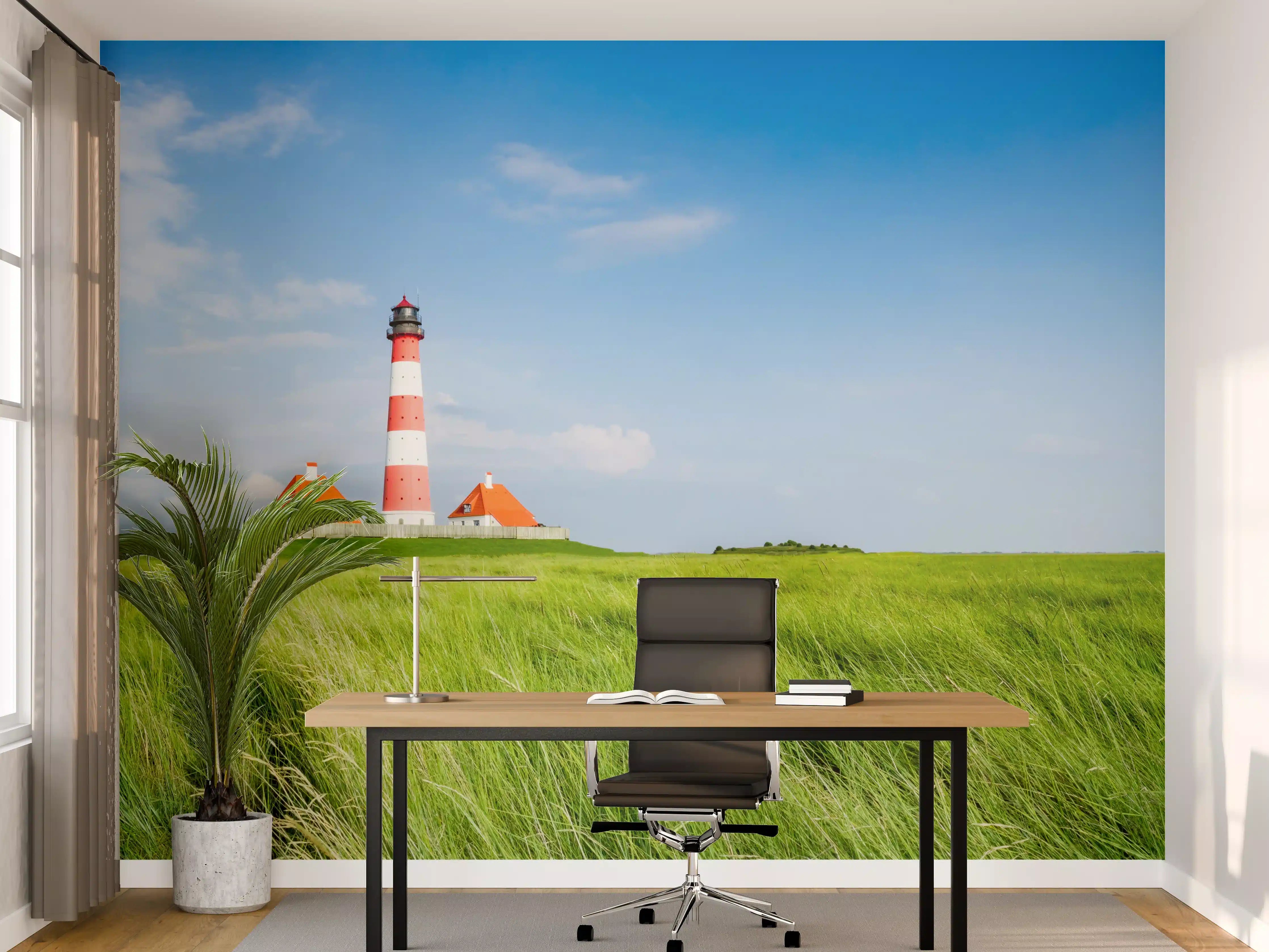 Büro Wandgestaltung - Leuchtturm in der grünen Landschaft
