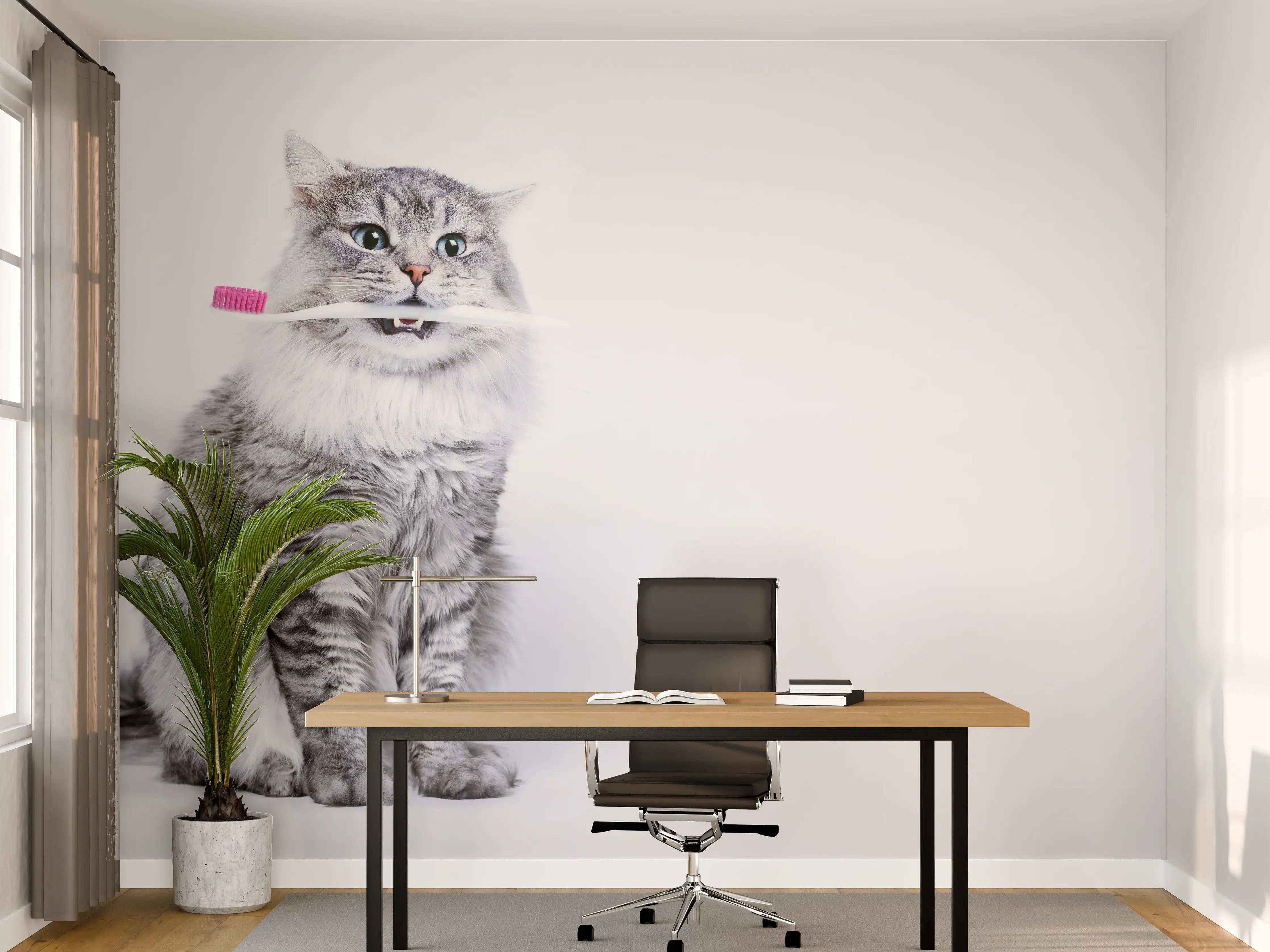 Büro Wandgestaltung - Lustige Katze mit Zahnbürste
