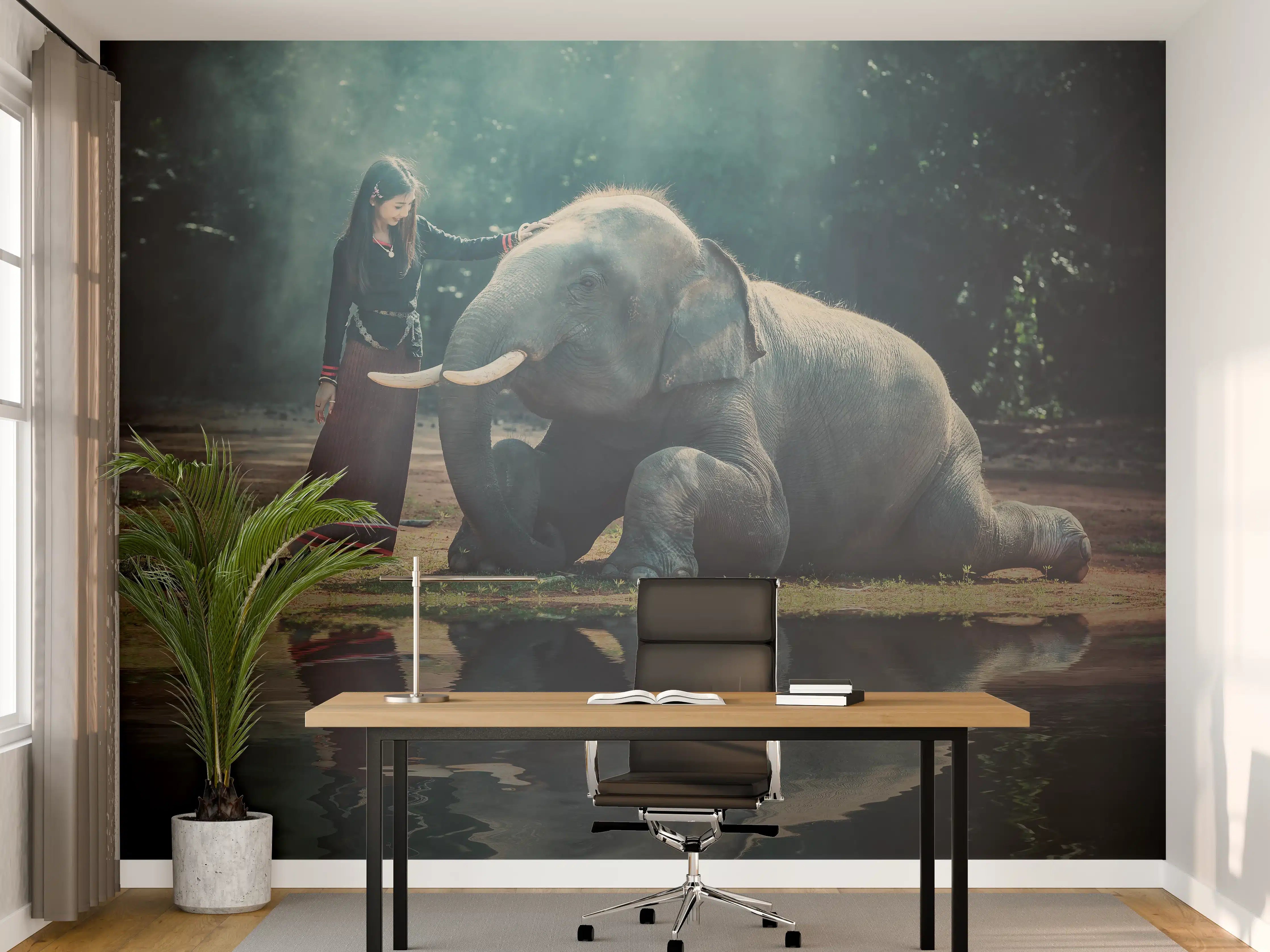 Büro Wandgestaltung - Mädchen mit lächelndem Elefanten in Asien