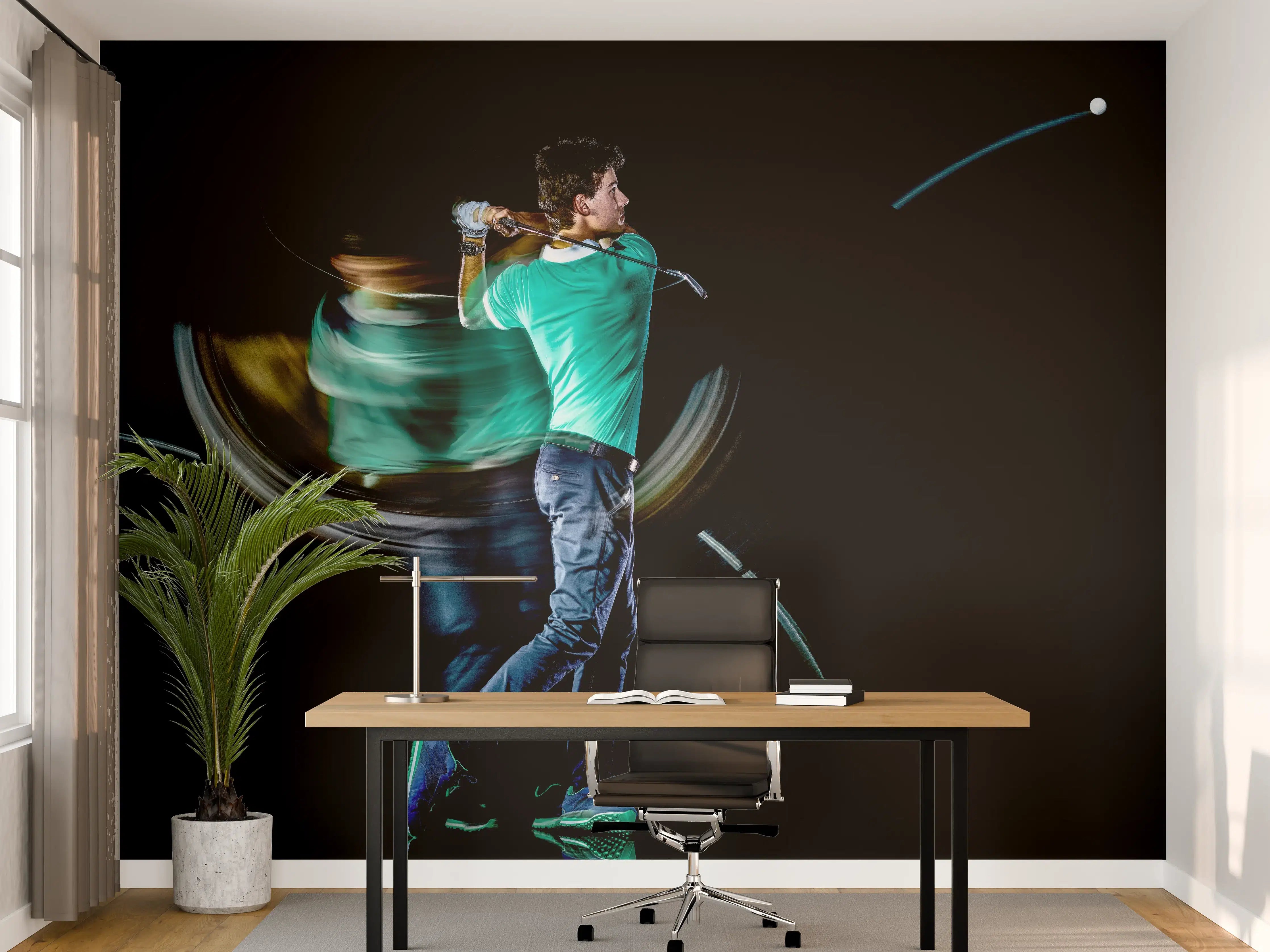 Büro Wandgestaltung - Männlicher Golfer auf Schwarzem Hintergrund