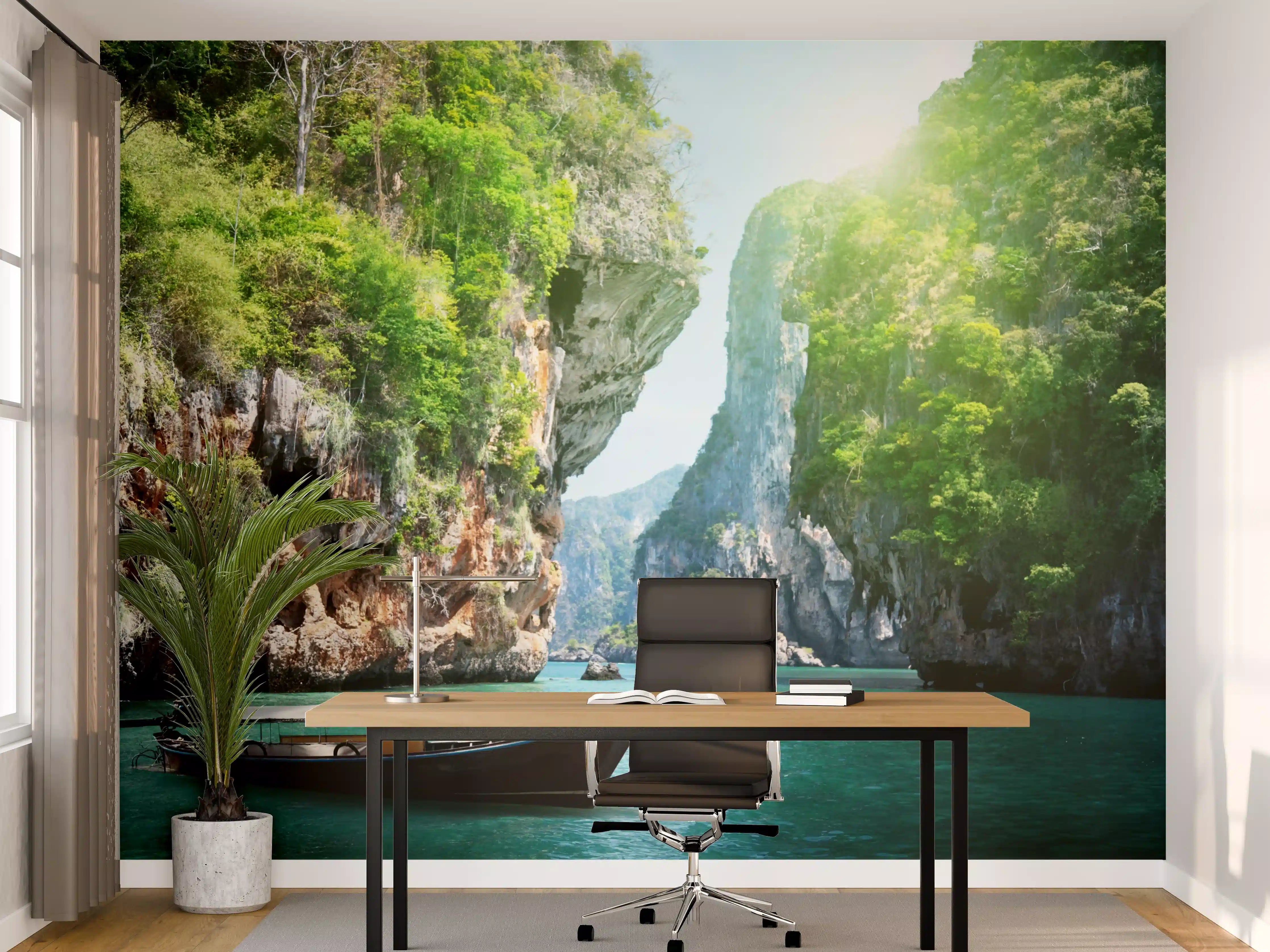 Büro Wandgestaltung - Majestätische Meereslandschaft mit Felsen und Boot
