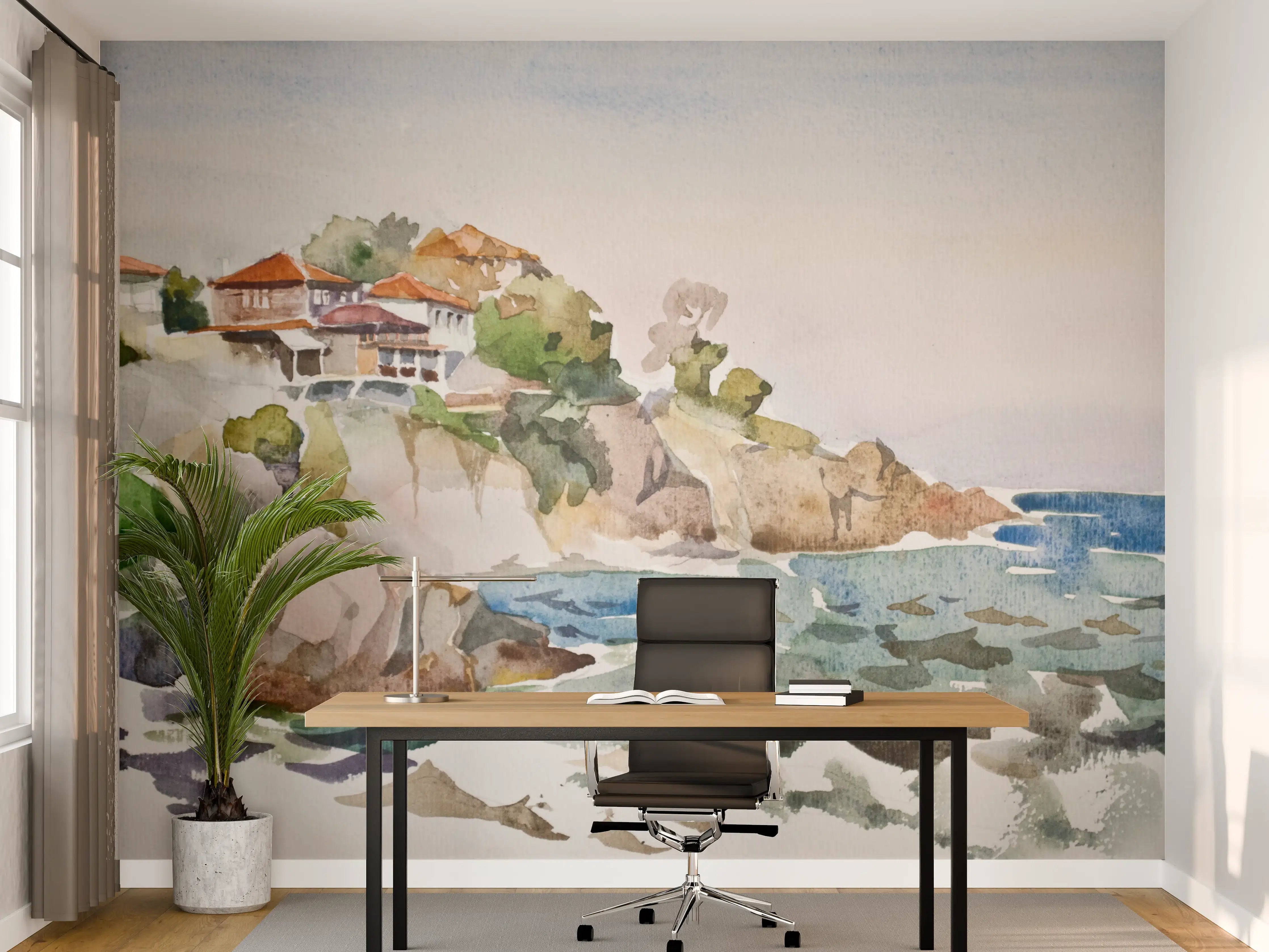 Büro Wandgestaltung - Malerische Küstenlandschaft mit Häusern