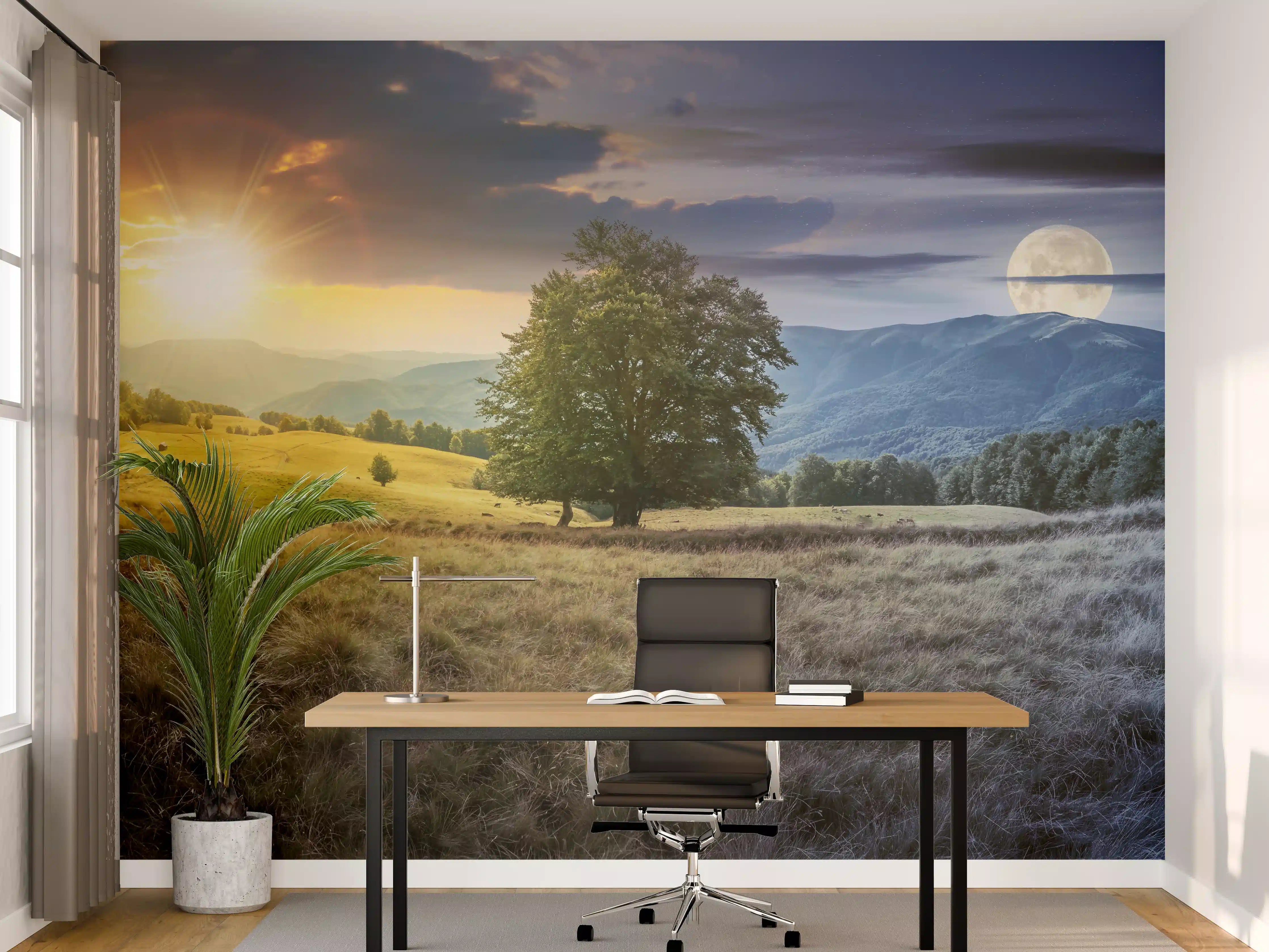 Büro Wandgestaltung - Malerische Tages- und Nachtlandschaft mit Sonne und Mond