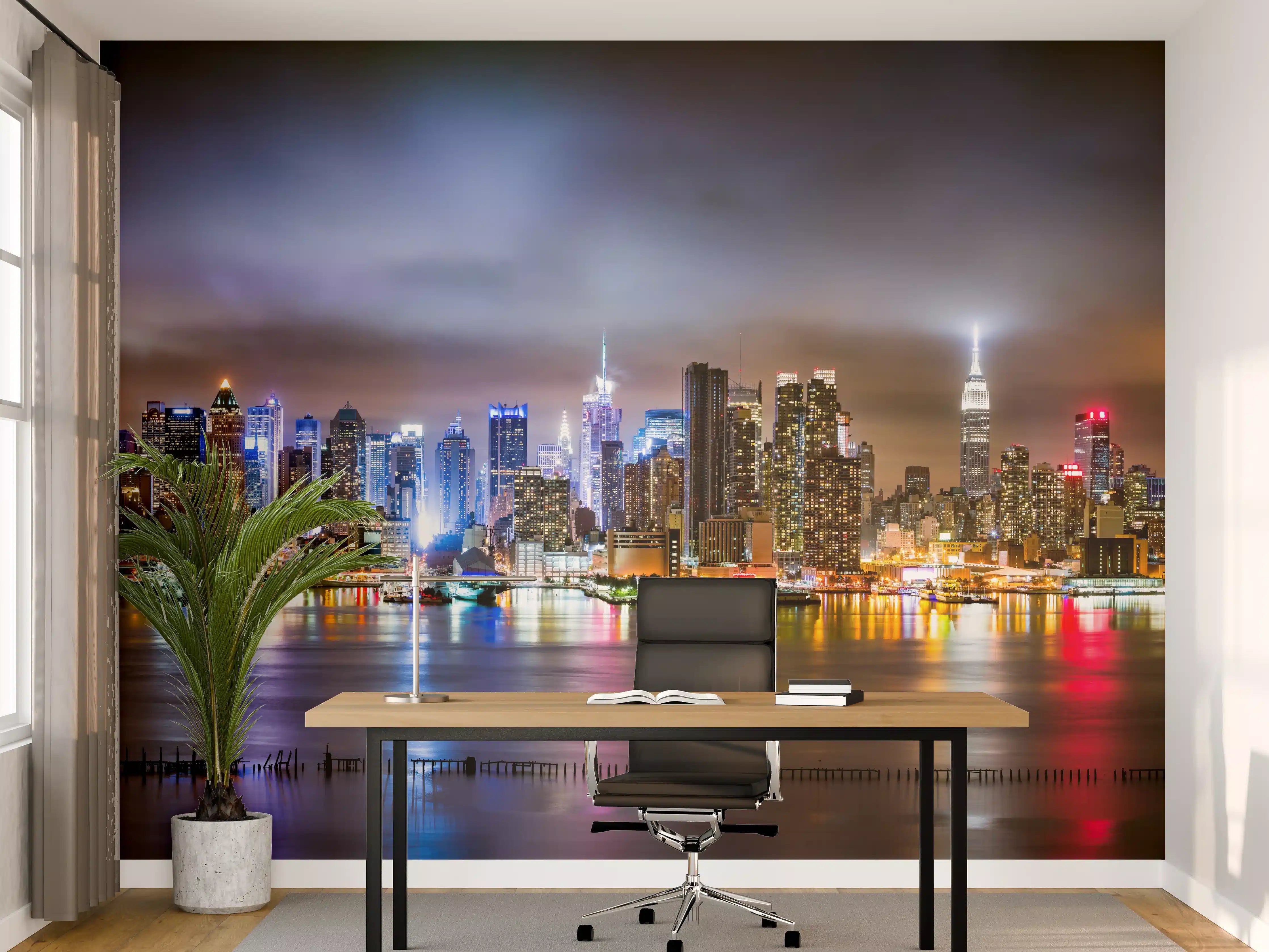 Büro Wandgestaltung - Manhattan Skyline im nächtlichen Panorama
