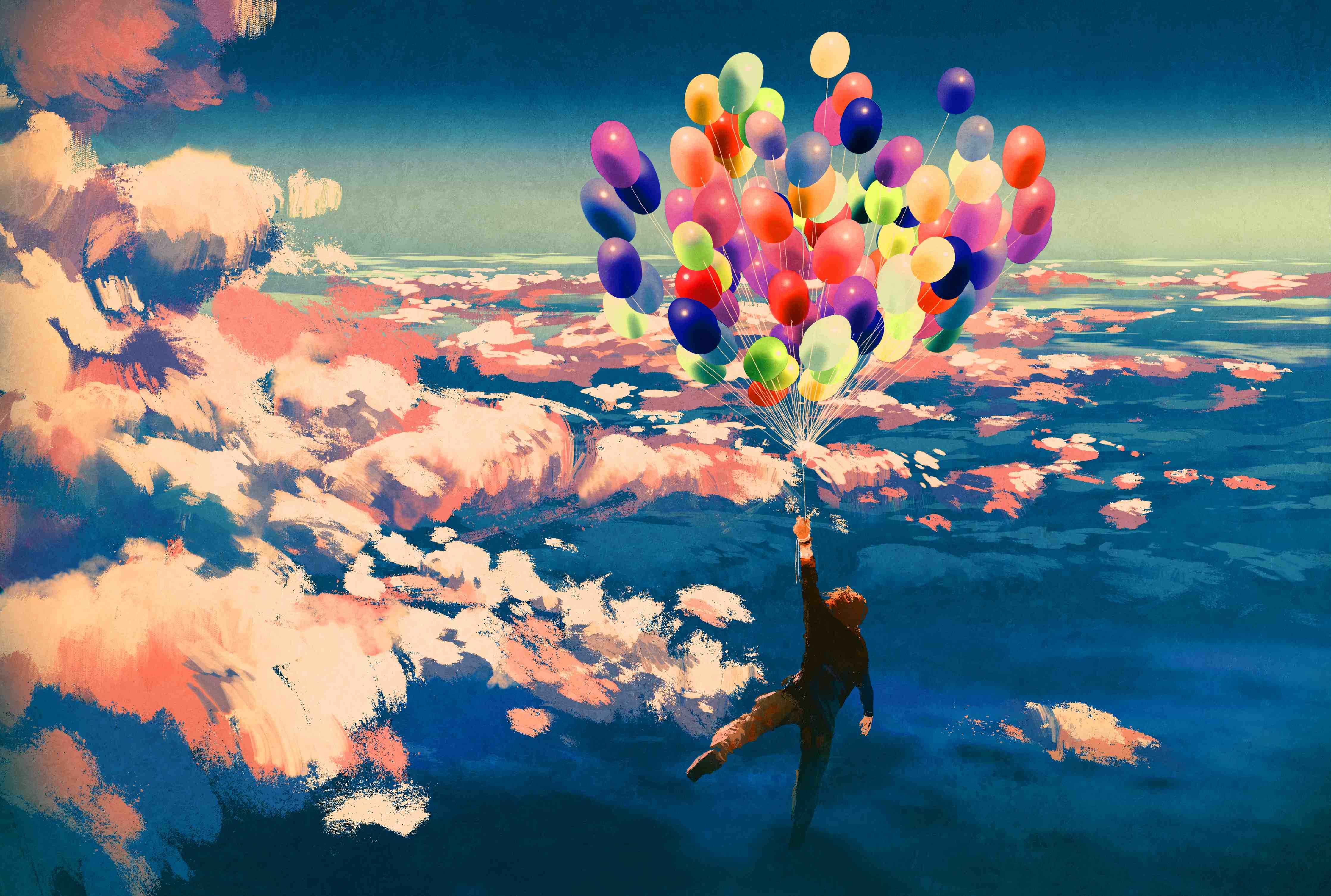 Büro Wandgestaltung-Mann fliegt mit bunten Luftballons über Wolken