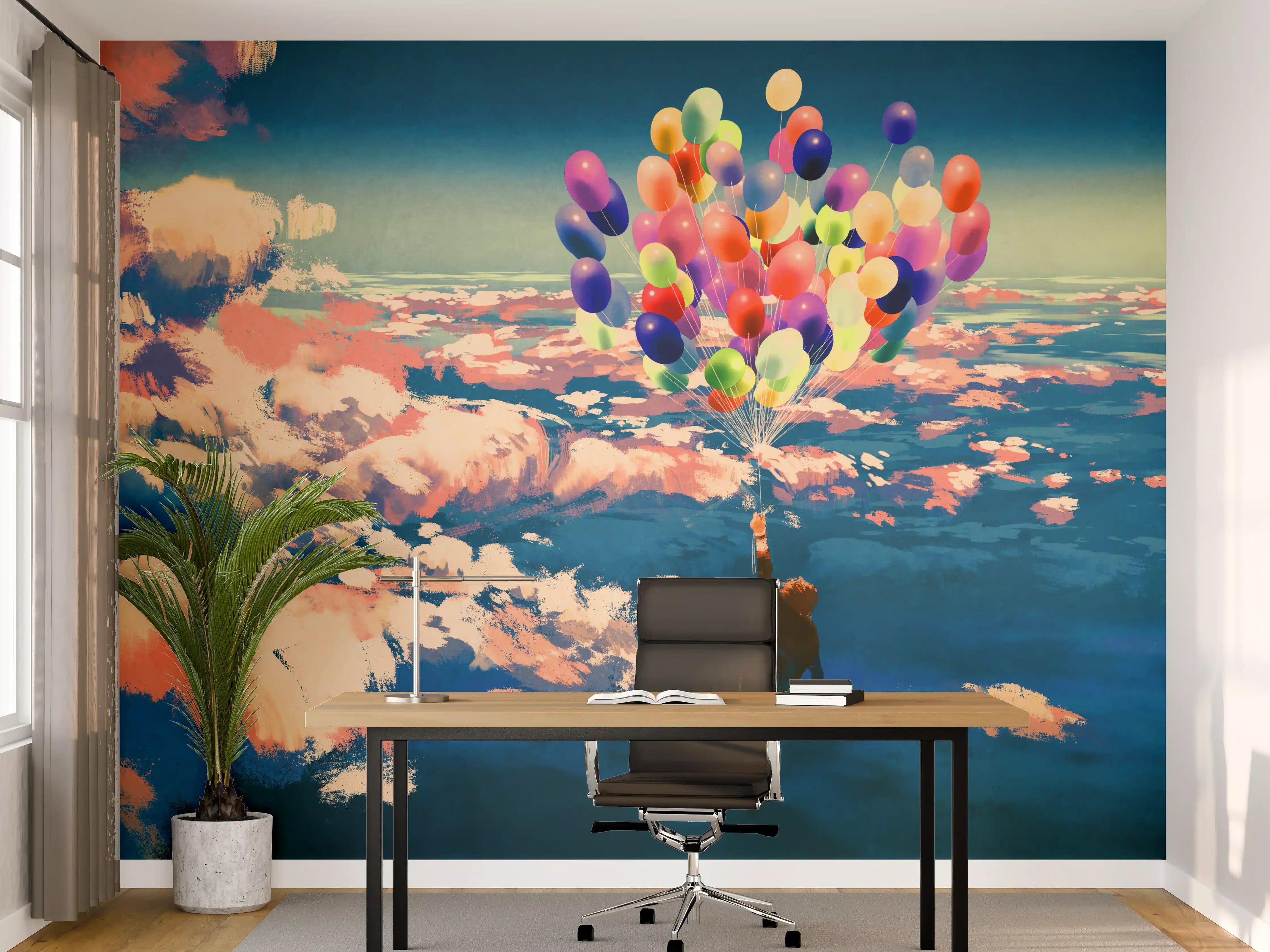 Büro Wandgestaltung - Mann fliegt mit bunten Luftballons über Wolken
