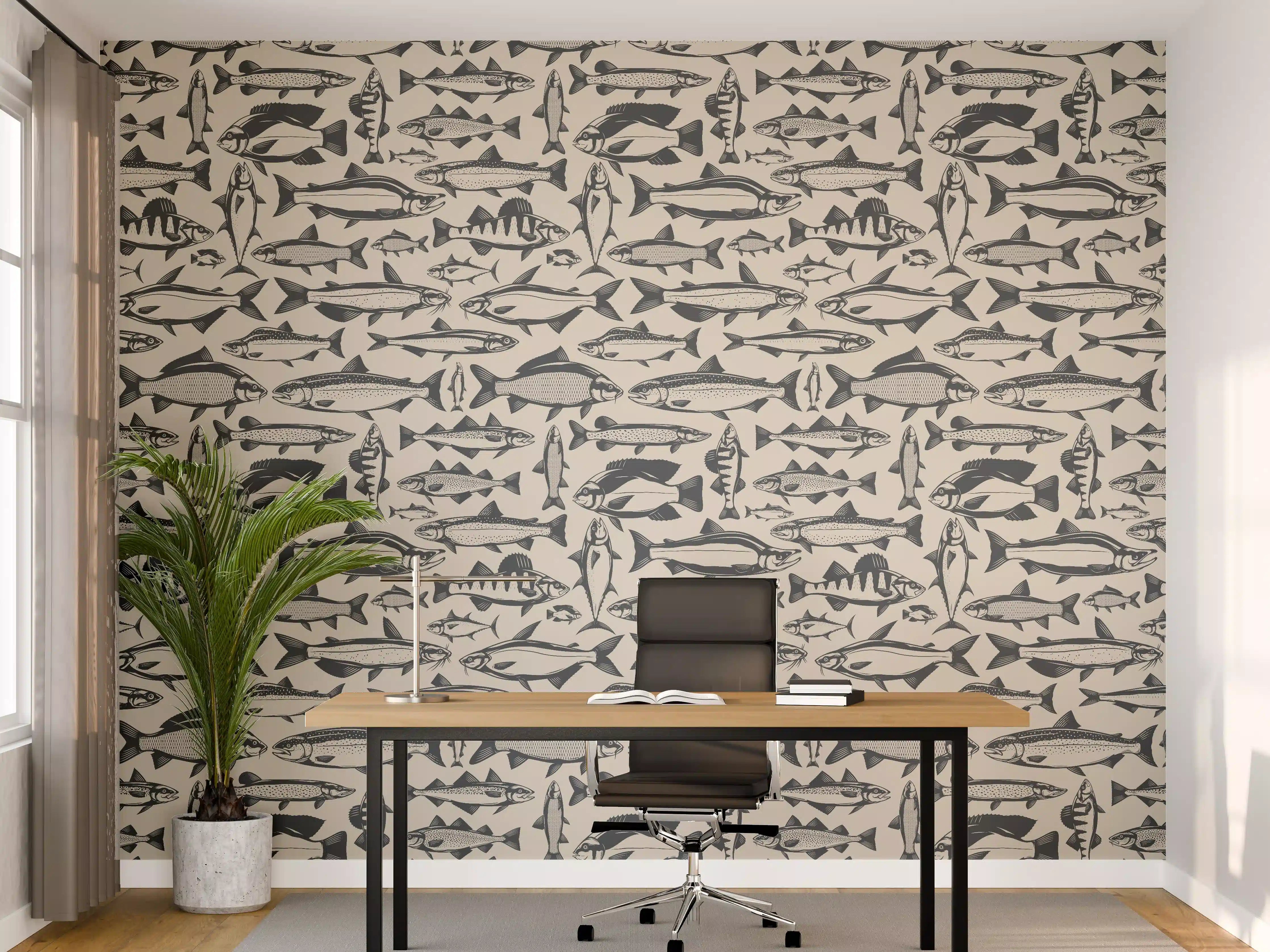 Büro Wandgestaltung - Maritimes Fischmuster Beige-Blau